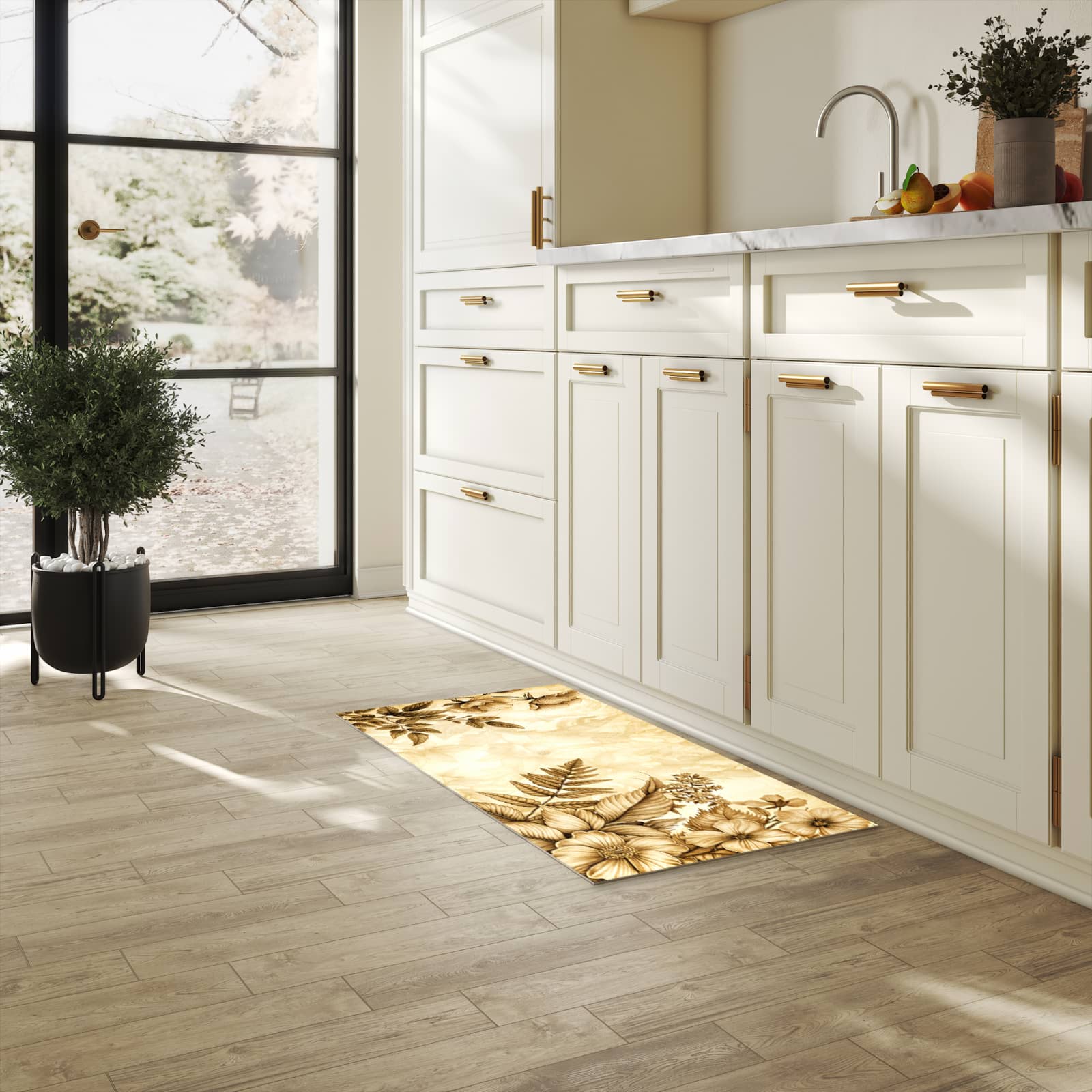 Pflegeleichter Küchenläufer mit Motiv Blumenblatt Kunstwerk in heller Küche