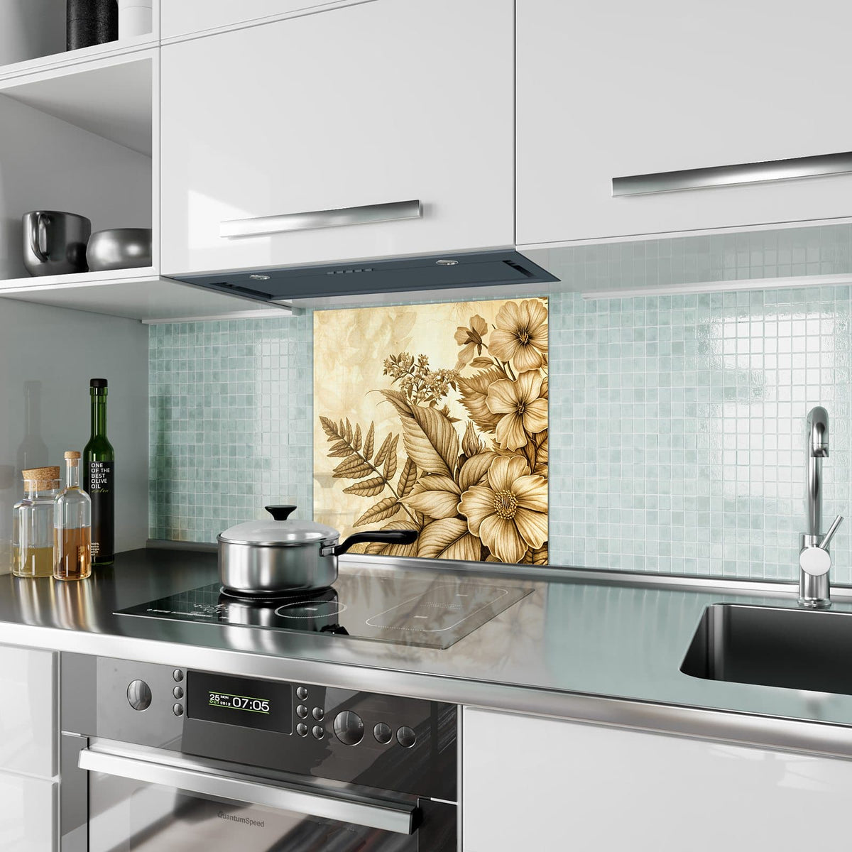Küchenrückwand aus Glas Botanik in Sepia im quadratischen Format als Spritzschutz hinter dem Kochfeld, über dem Fliesenspiegel montiert