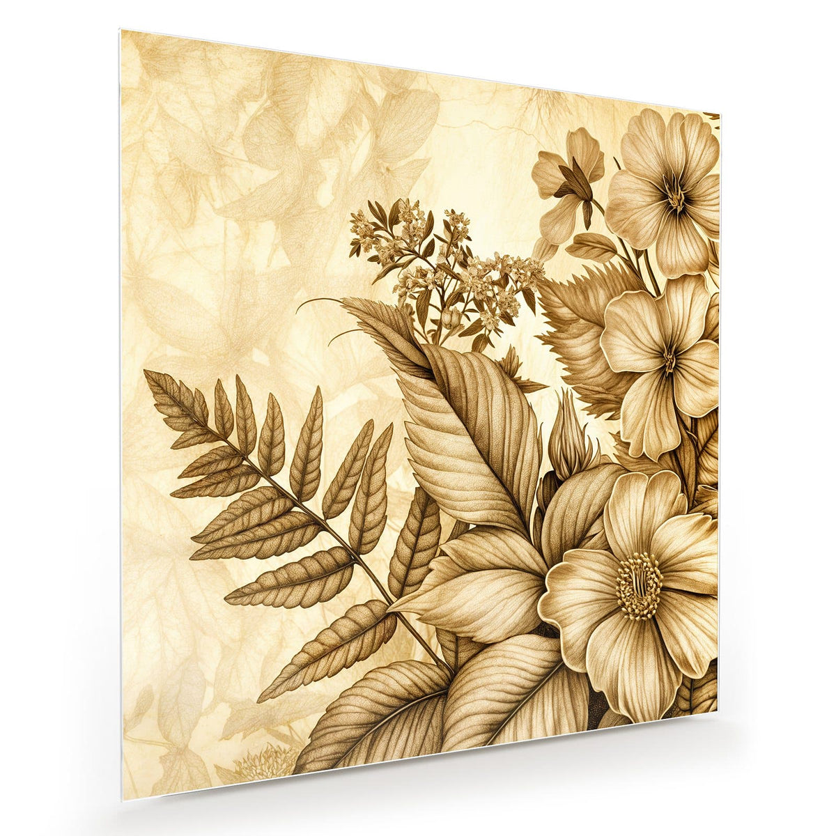 Botanische Zeichnung aus Blüten und Farnwedeln komplett in Sepia auf Altpapierton