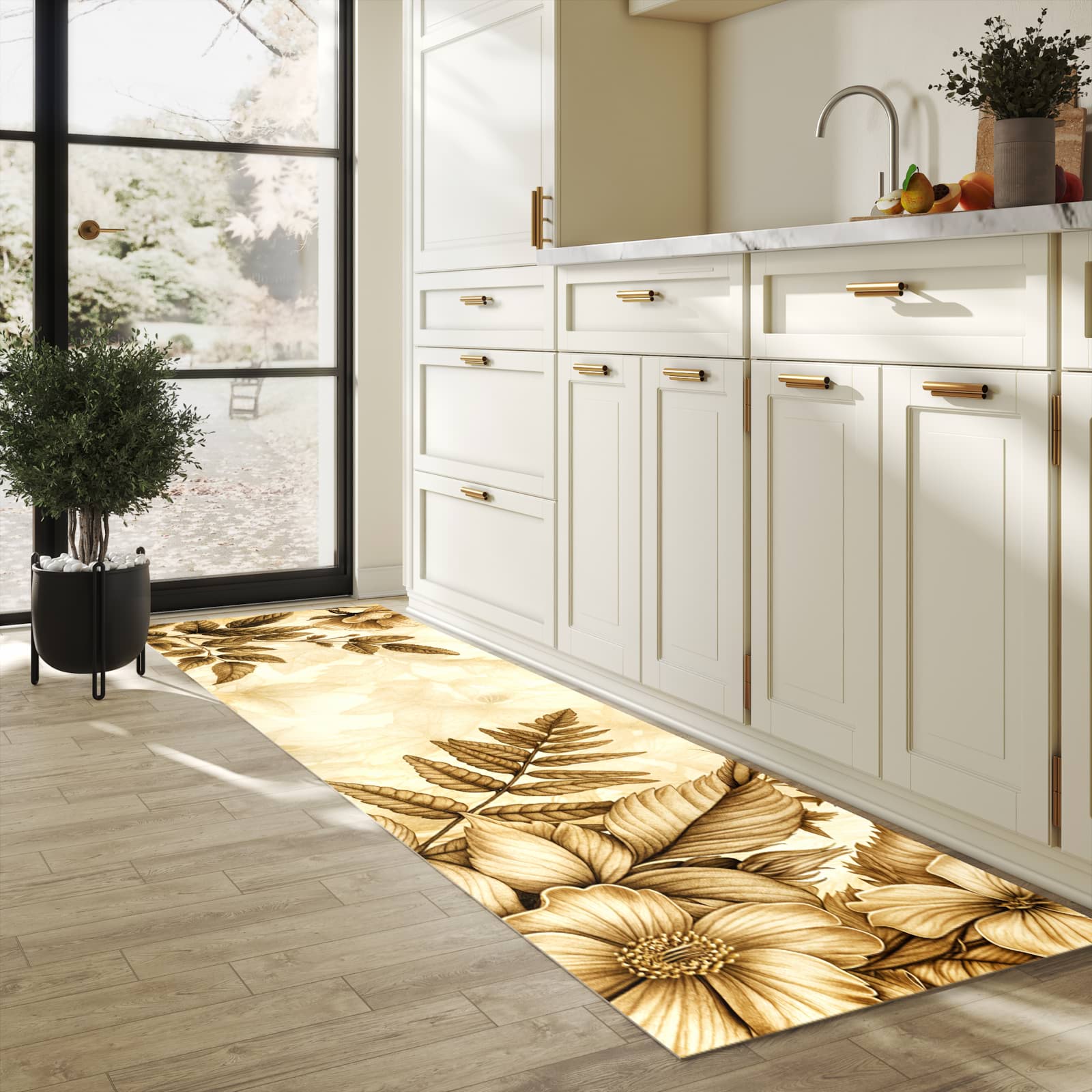 Abriebfester Läufer für die Küche mit Motiv Blumenblatt Kunstwerk in heller Küche