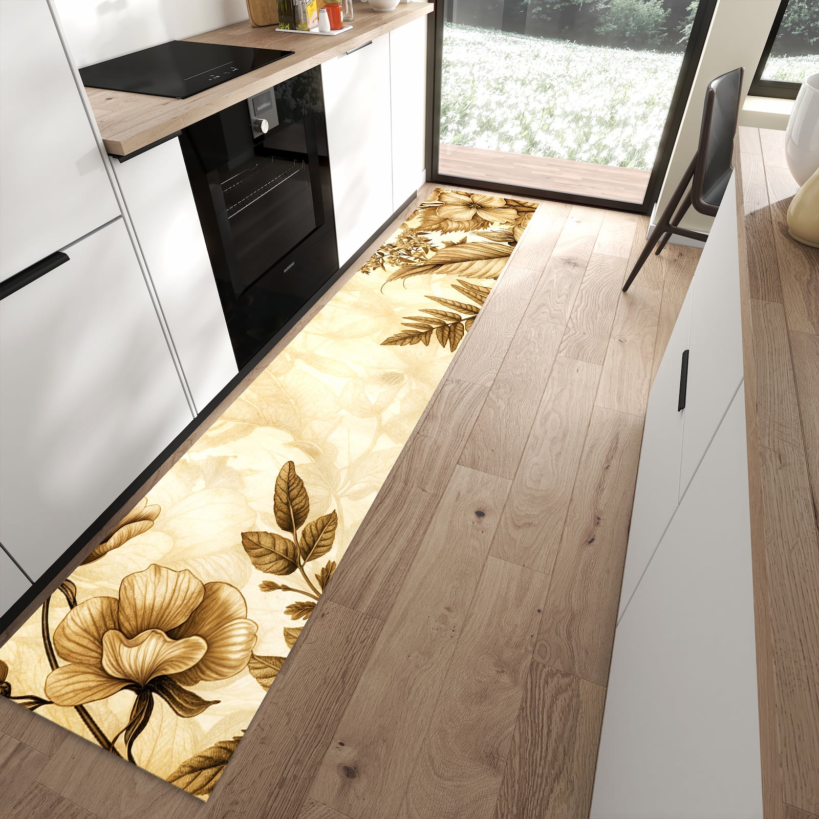 Farbbeständiger Teppichläufer mit Motiv Blumenblatt Kunstwerk in moderner Küche