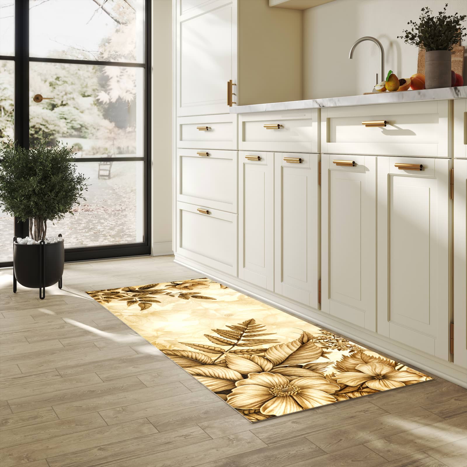 Waschbarer Küchenteppich mit Motiv Blumenblatt Kunstwerk in heller Küche