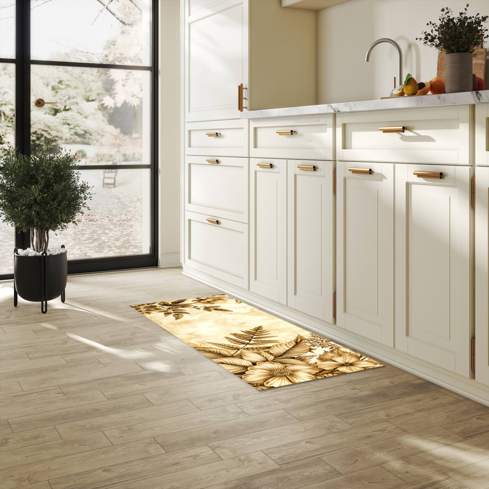 Komfortabler abwaschbarer Küchenteppich mit Motiv Blumenblatt Kunstwerk in heller Küche