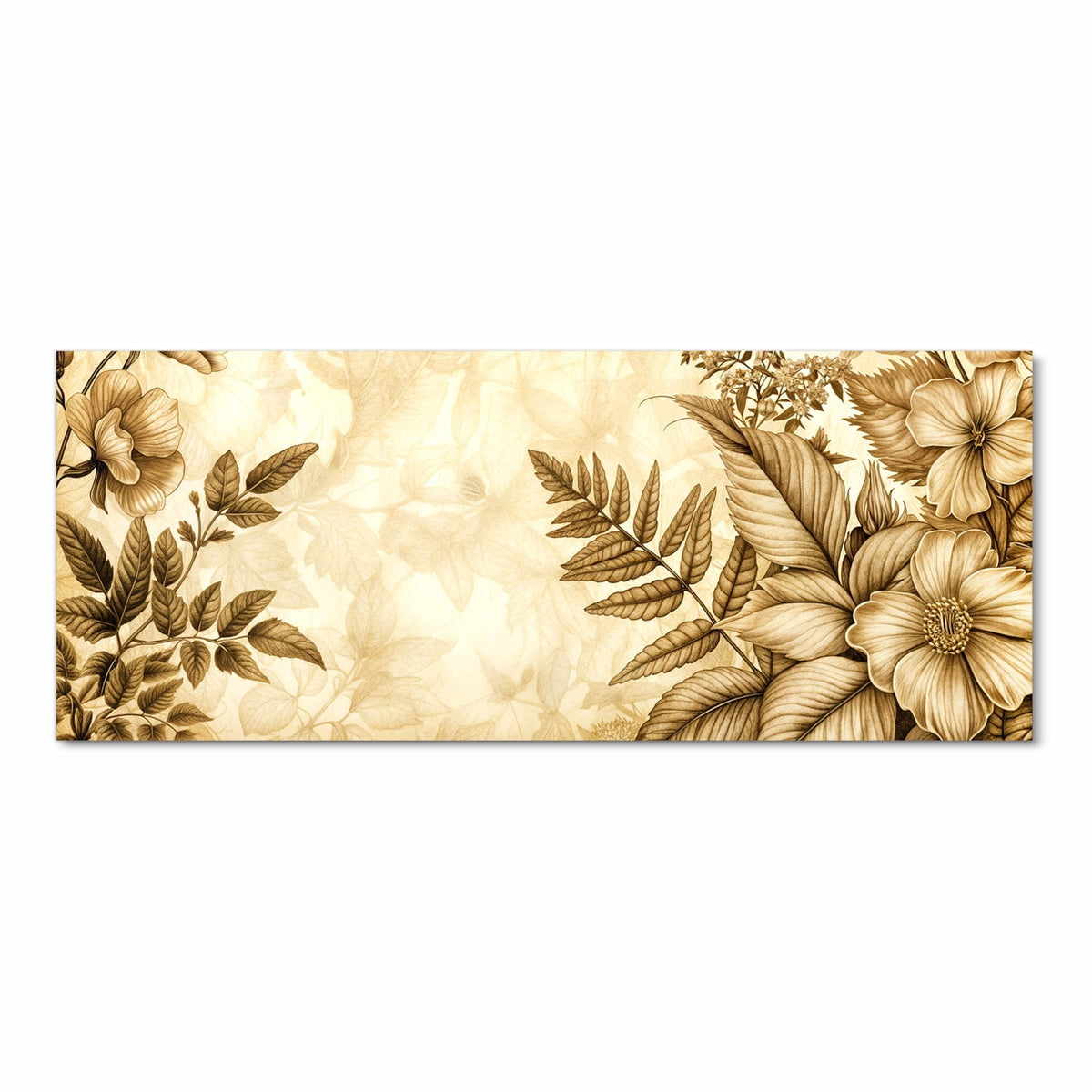 Botanische Zeichnung aus Blüten und Farnwedeln komplett in Sepia auf Altpapierton