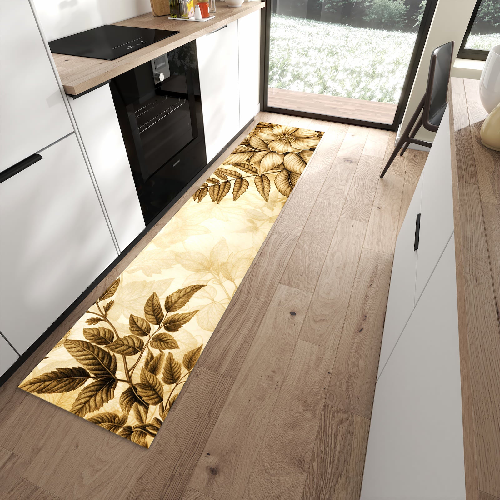 Bodenschonender Küchenläufer mit Motiv Blumenblatt Kunstwerk in moderner Küche