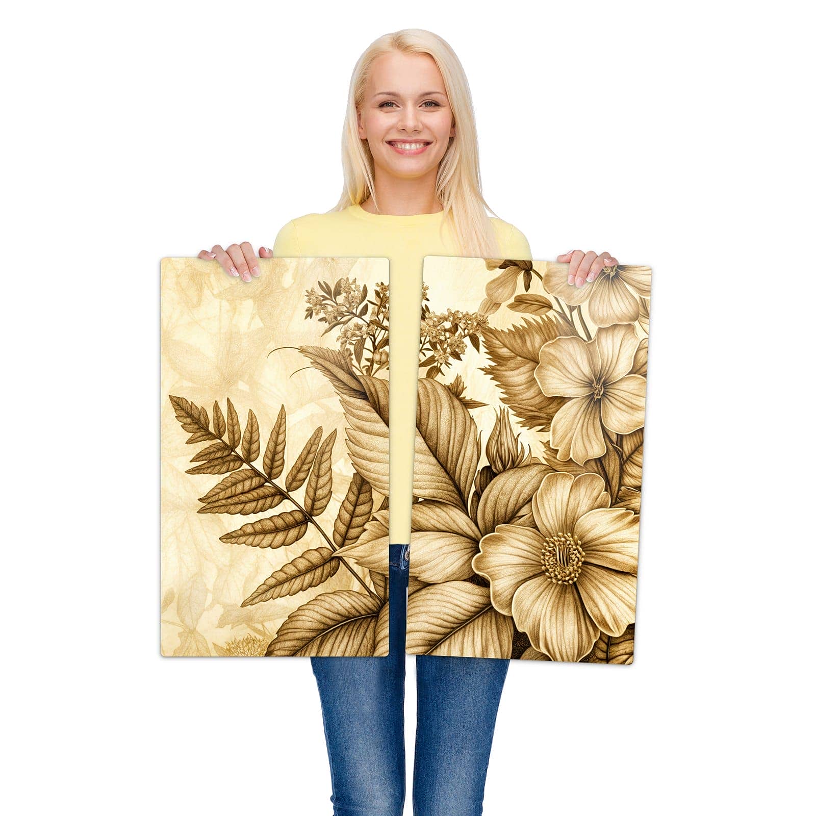 2-teilige Herdabdeckplatte für Ceranfeld mit Blumenblatt Kunstwerk-Motiv wird zur Größendarstellung gehalten