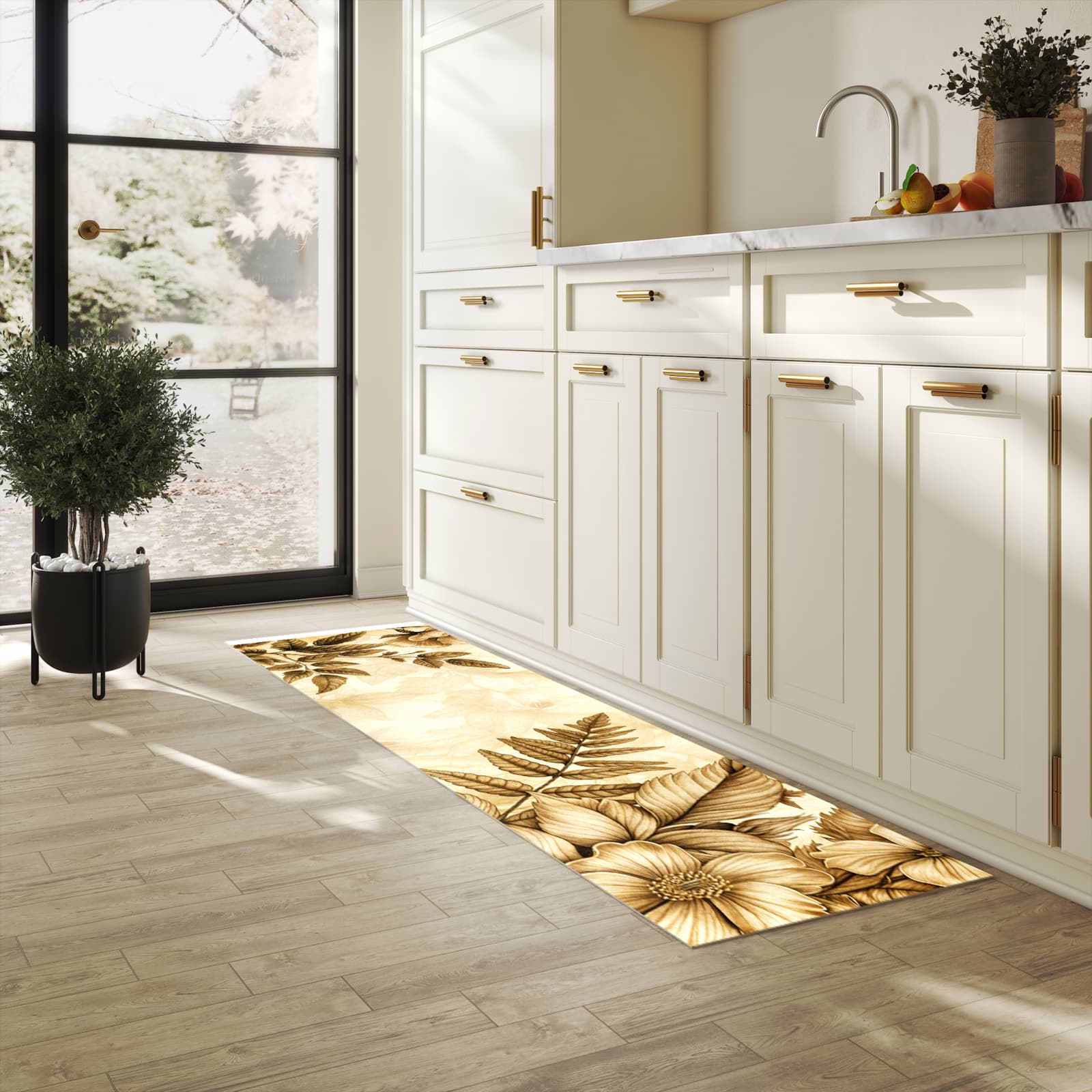 Pflegeleichter Küchenteppich mit Motiv Blumenblatt Kunstwerk in heller Küche