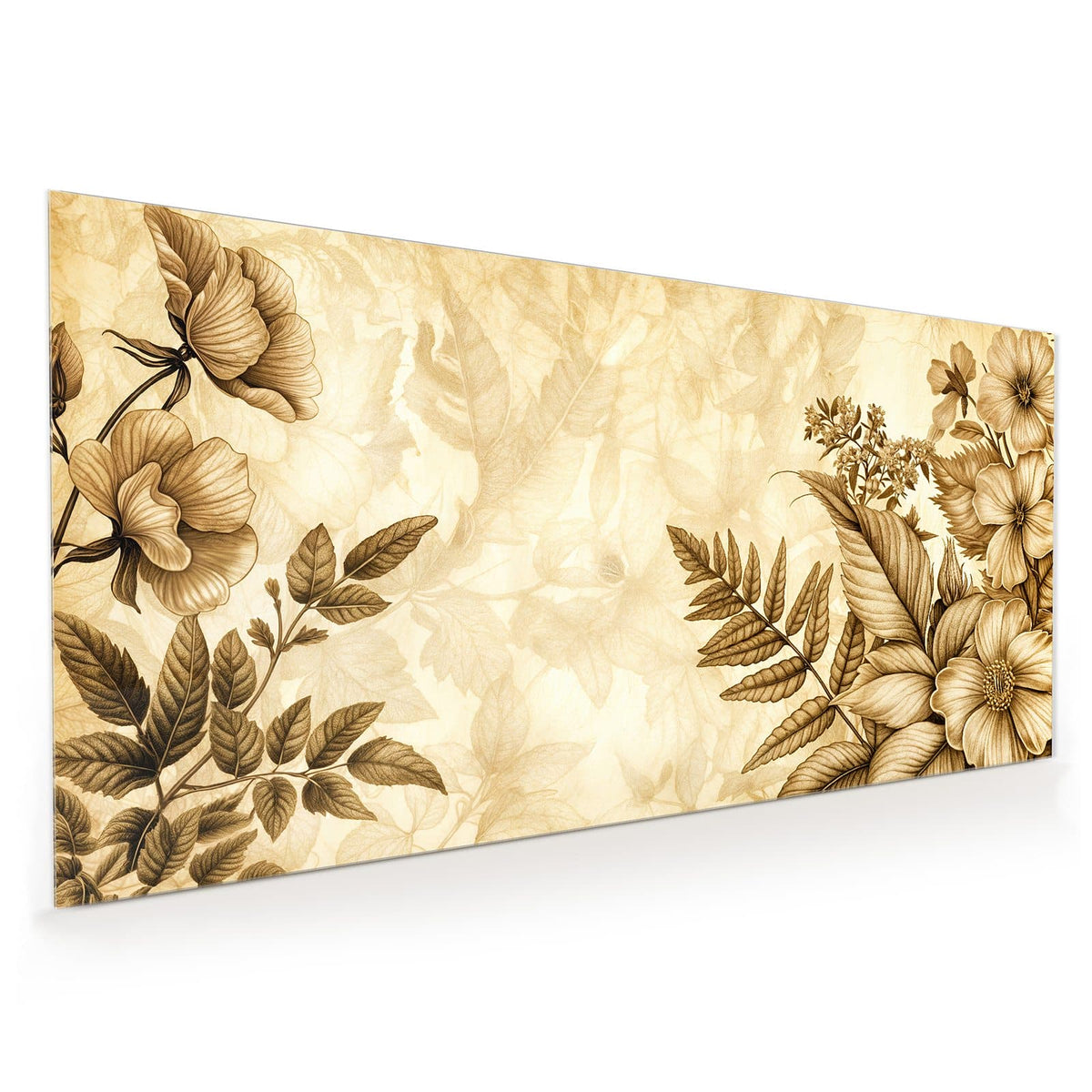 Küchenrückwand aus Glas im Hochformat: Botanische Zeichnung aus Blüten und Farnwedeln komplett in Sepia auf Altpapierton