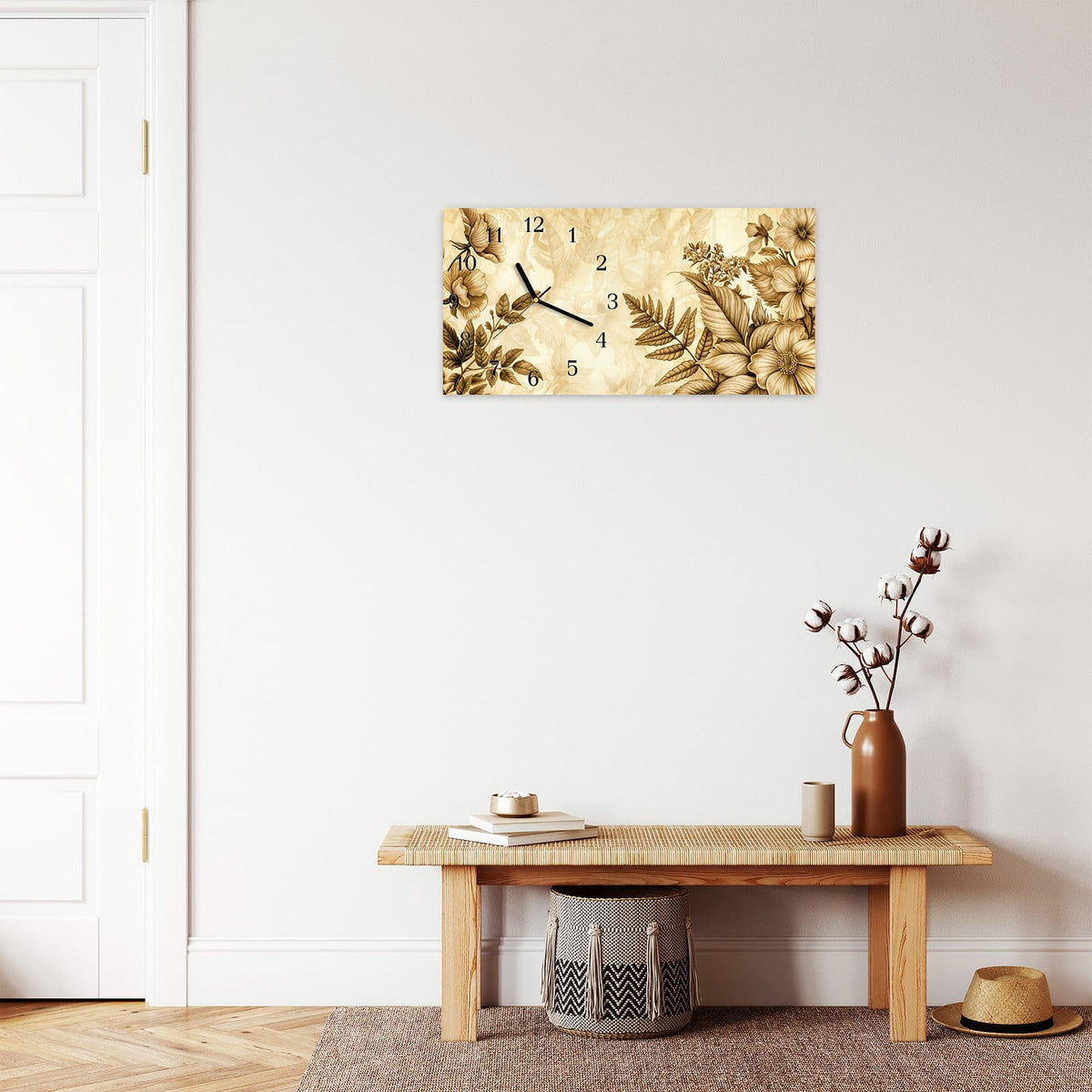 Moderne Wanduhr aus Glas mit Farbtiefe – Wanduhr Blumenblatt Kunstwerk aus Glas – Querformat 60 × 30 cm