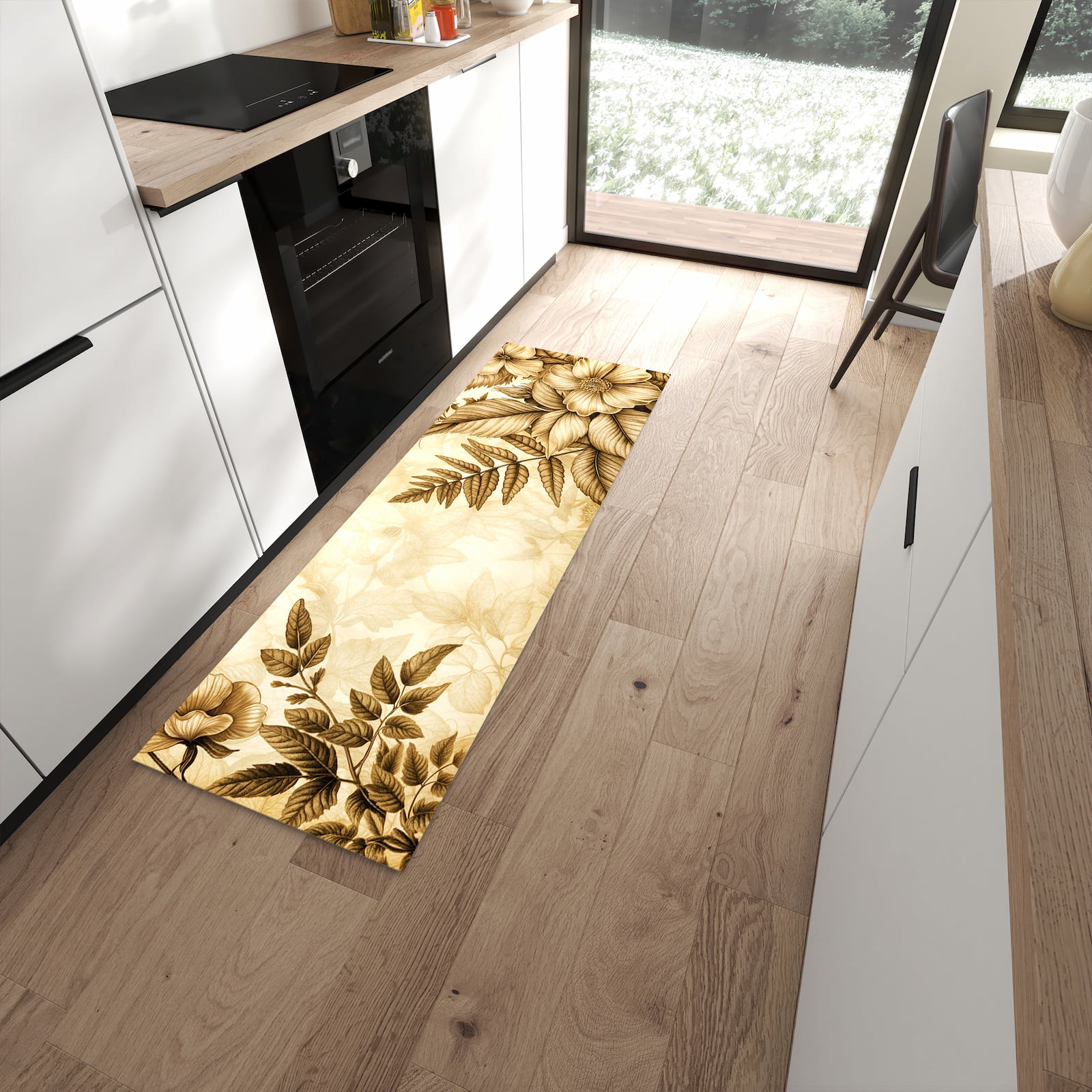 Bodenschonender Küchenteppich mit Motiv Blumenblatt Kunstwerk in moderner Küche