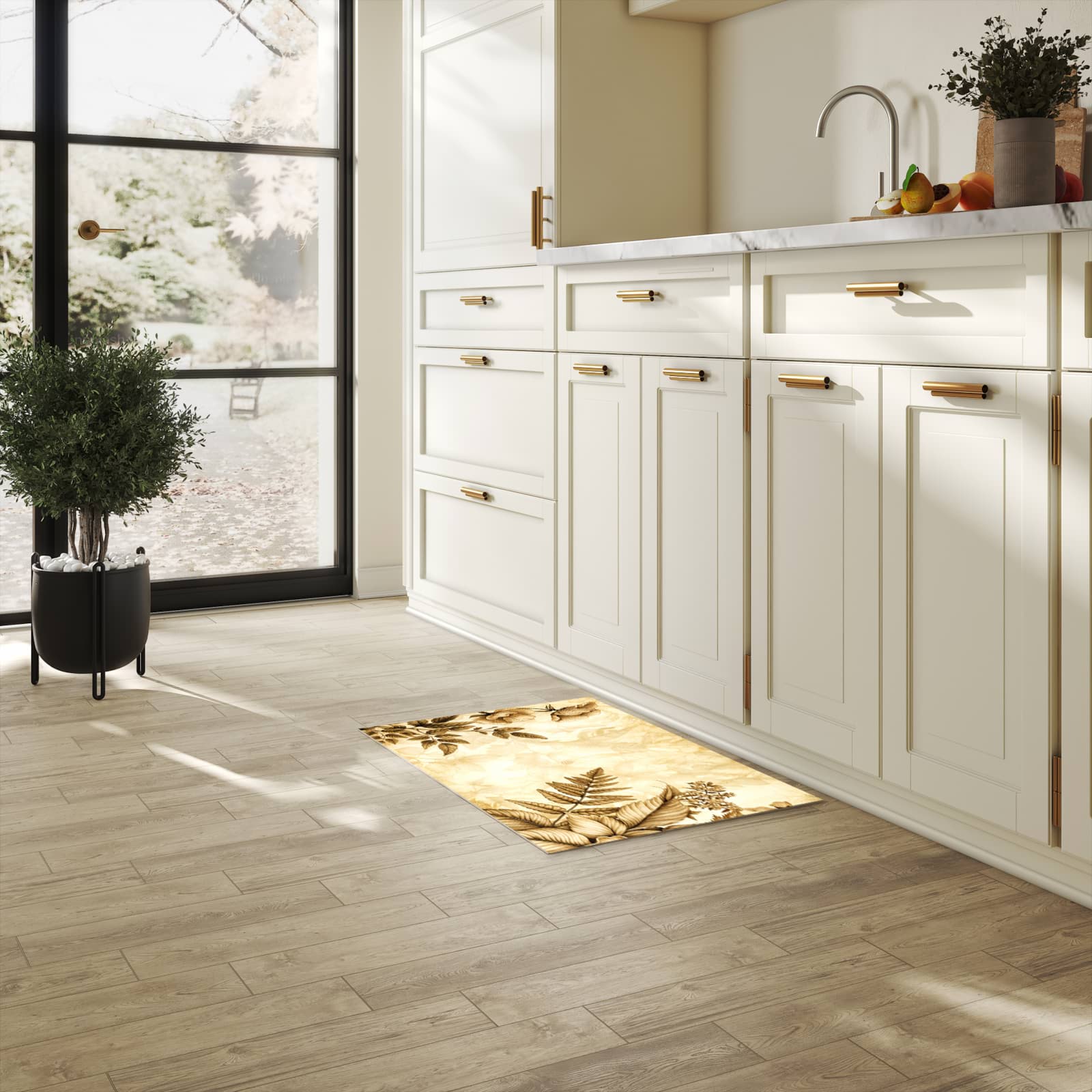 Strapazierfähiger Küchenteppich mit Motiv Blumenblatt Kunstwerk in heller Küche