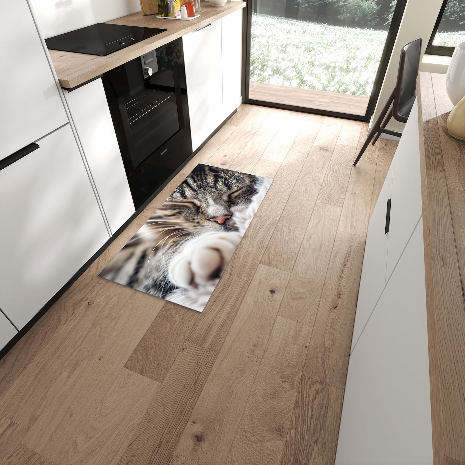 Schmutzabweisender Küchenläufer mit Motiv Schlafende Katze in moderner Küche #grösse_60 x 120 cm