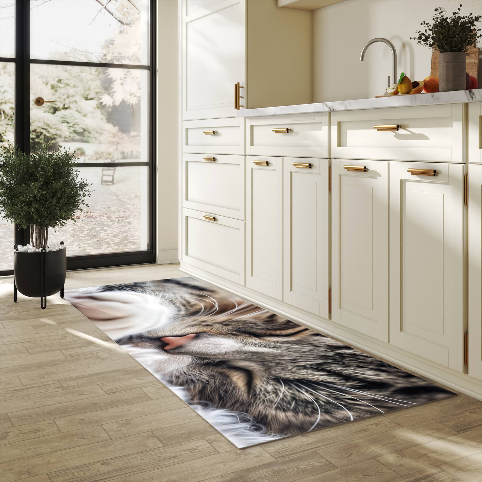 Flacher moderner Küchenläufer mit Motiv Schlafende Katze in heller Küche