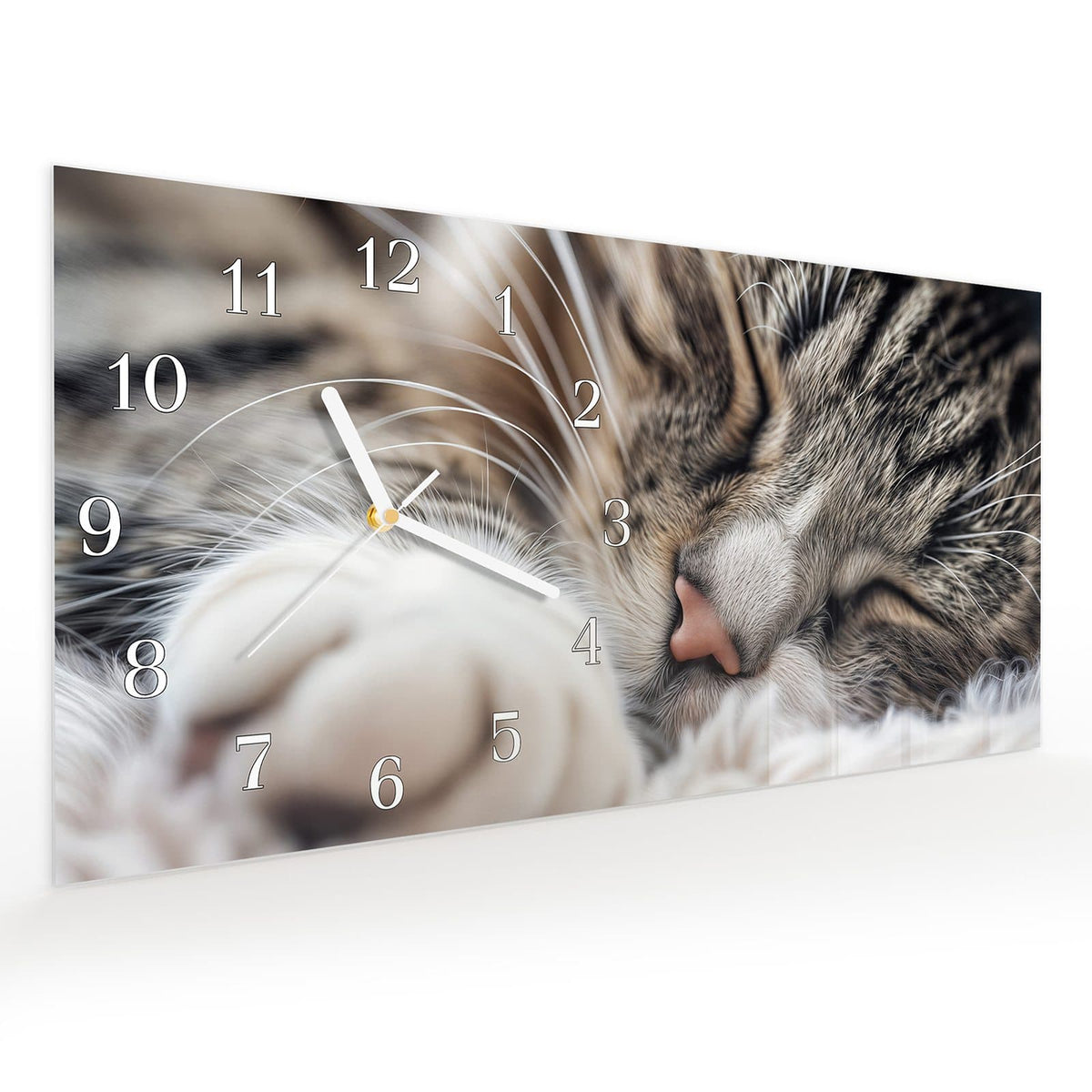 Vormontiert – mit Schwebeeffekt – Wanduhr Schlafende Katze aus Glas – Querformat 60 × 30 cm