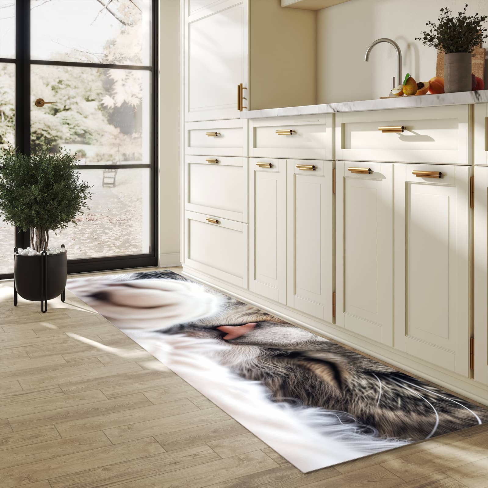 Geruchsneutraler Küchenläufer nach Maß mit Motiv Schlafende Katze in heller Küche