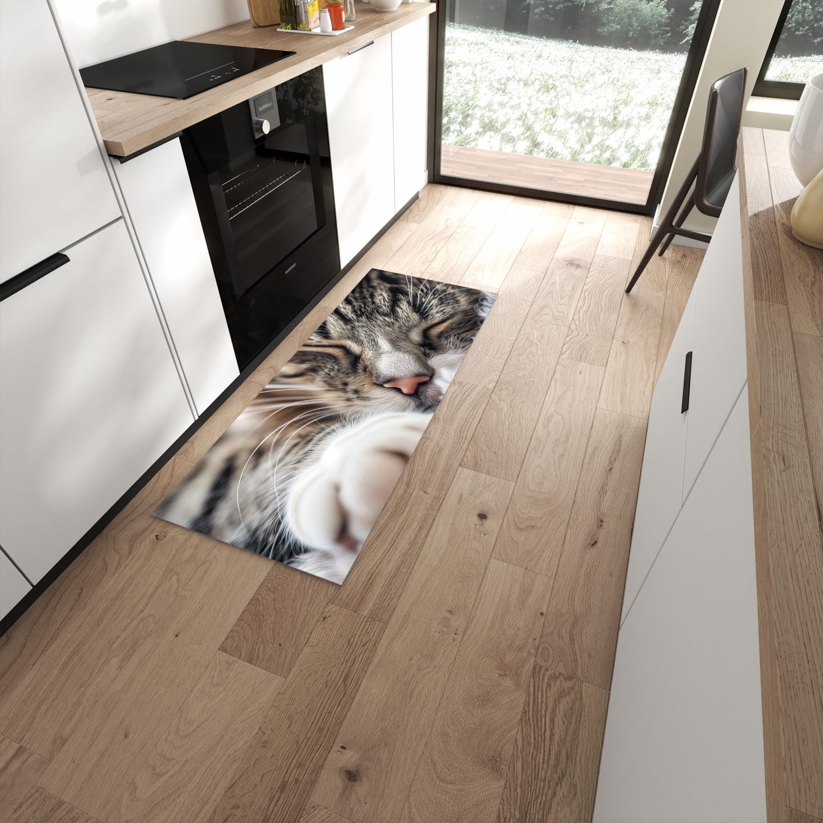 Geruchsneutraler abwaschbarer Küchenteppich mit Motiv Schlafende Katze in moderner Küche #grösse_60 x 150 cm