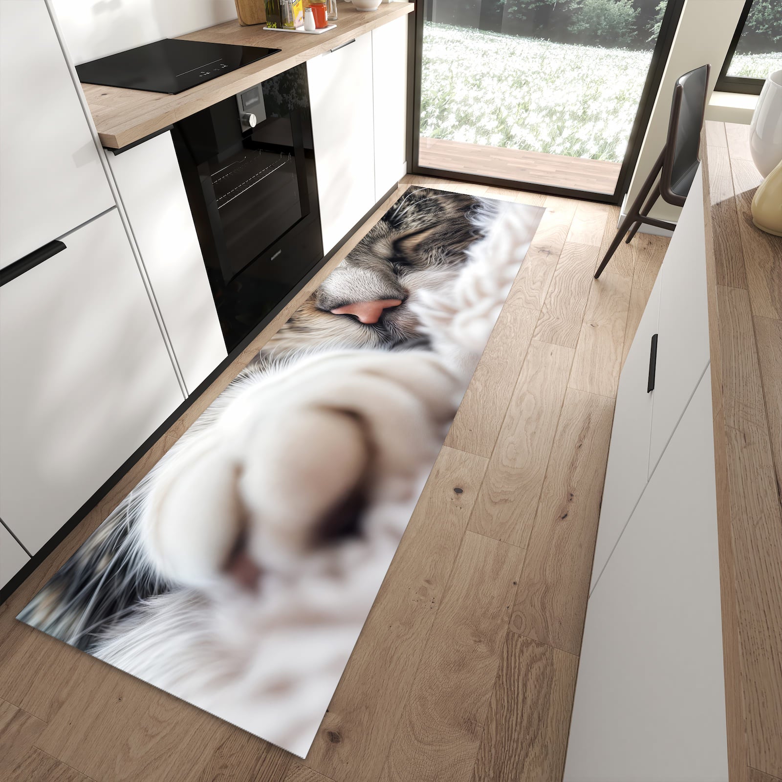 Hygienischer Küchenteppich mit Motiv Schlafende Katze in moderner Küche