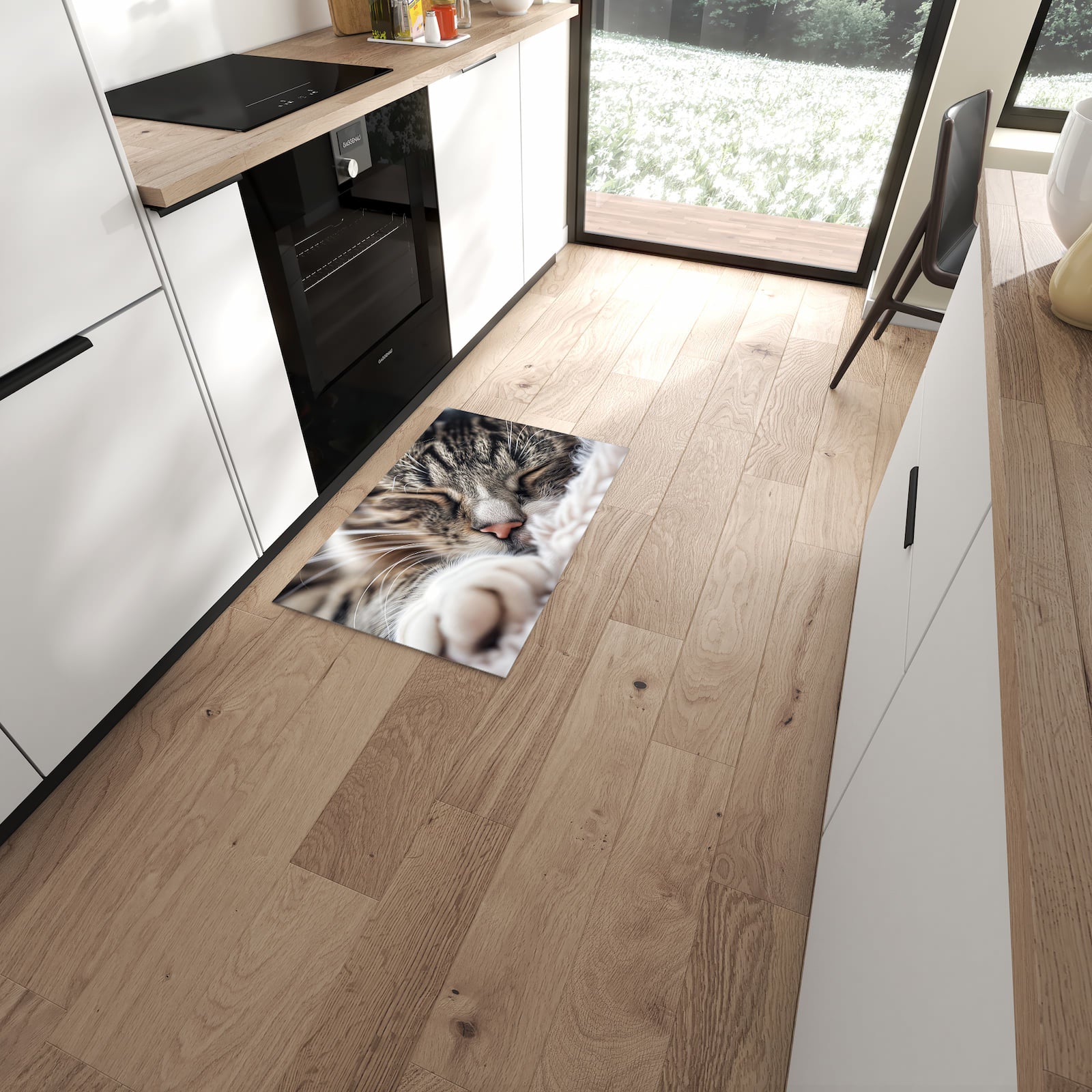 Rutschfester Küchenteppich mit Motiv Schlafende Katze in moderner Küche