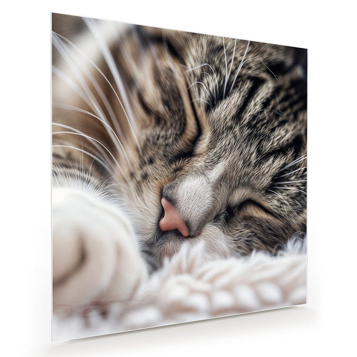 Getigerte Katze schläft mit geschlossenen Augen, Kopf auf weißer Decke
