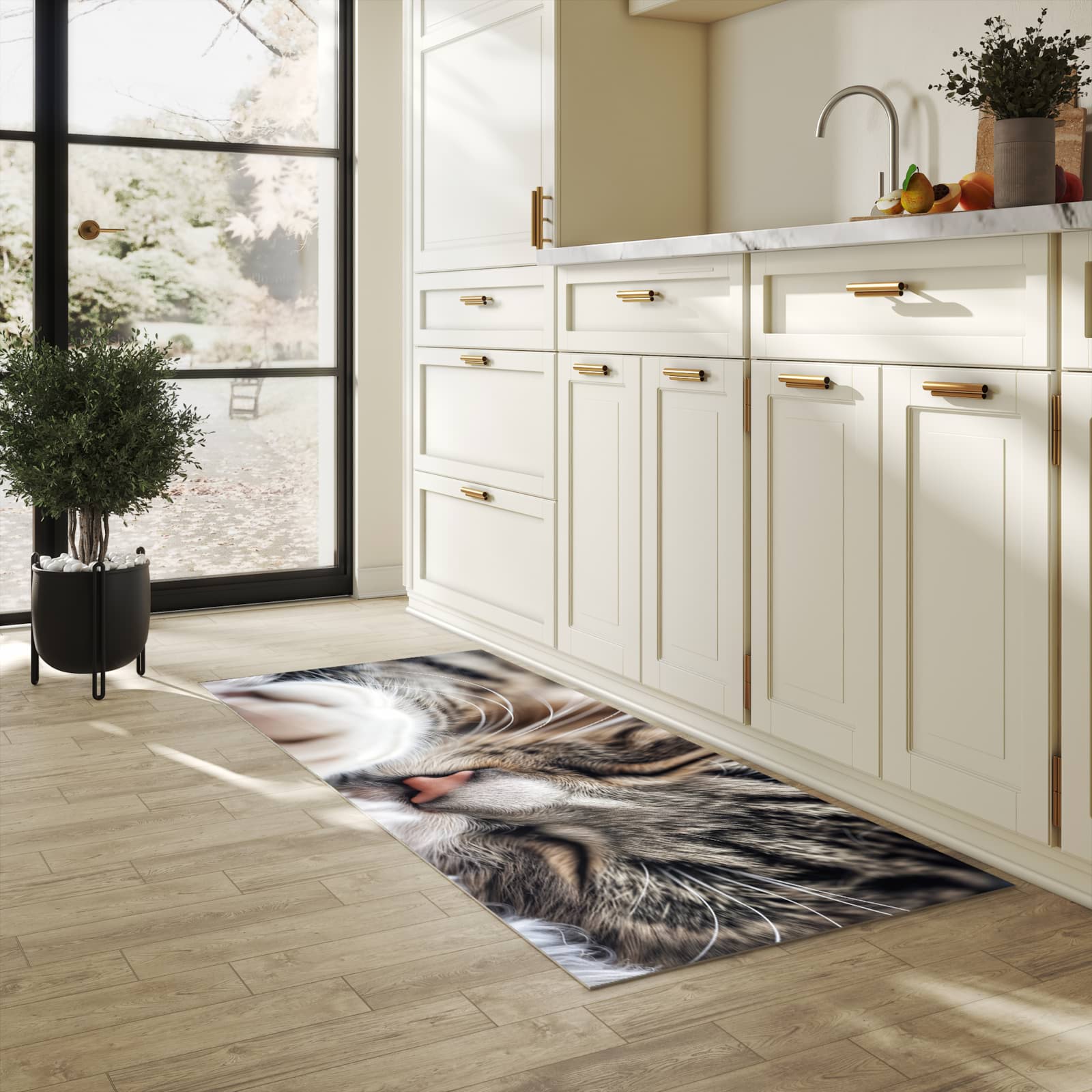 Wasserabweisender waschbarer Küchenläufer mit Motiv Schlafende Katze in heller Küche