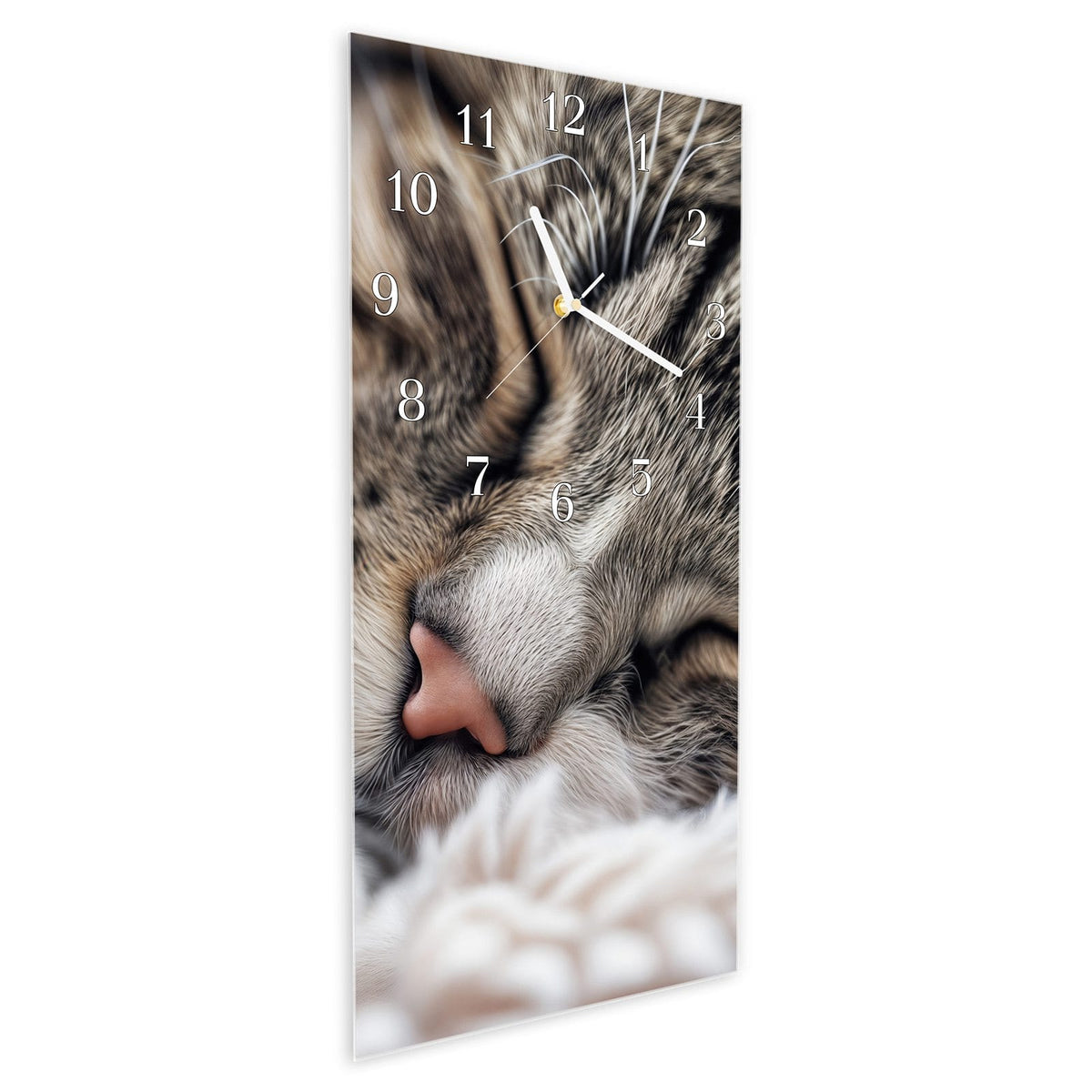 Vormontiert – mit Schwebeeffekt – Wanduhr Schlafende Katze aus Glas – Hochformat 30 × 60 cm