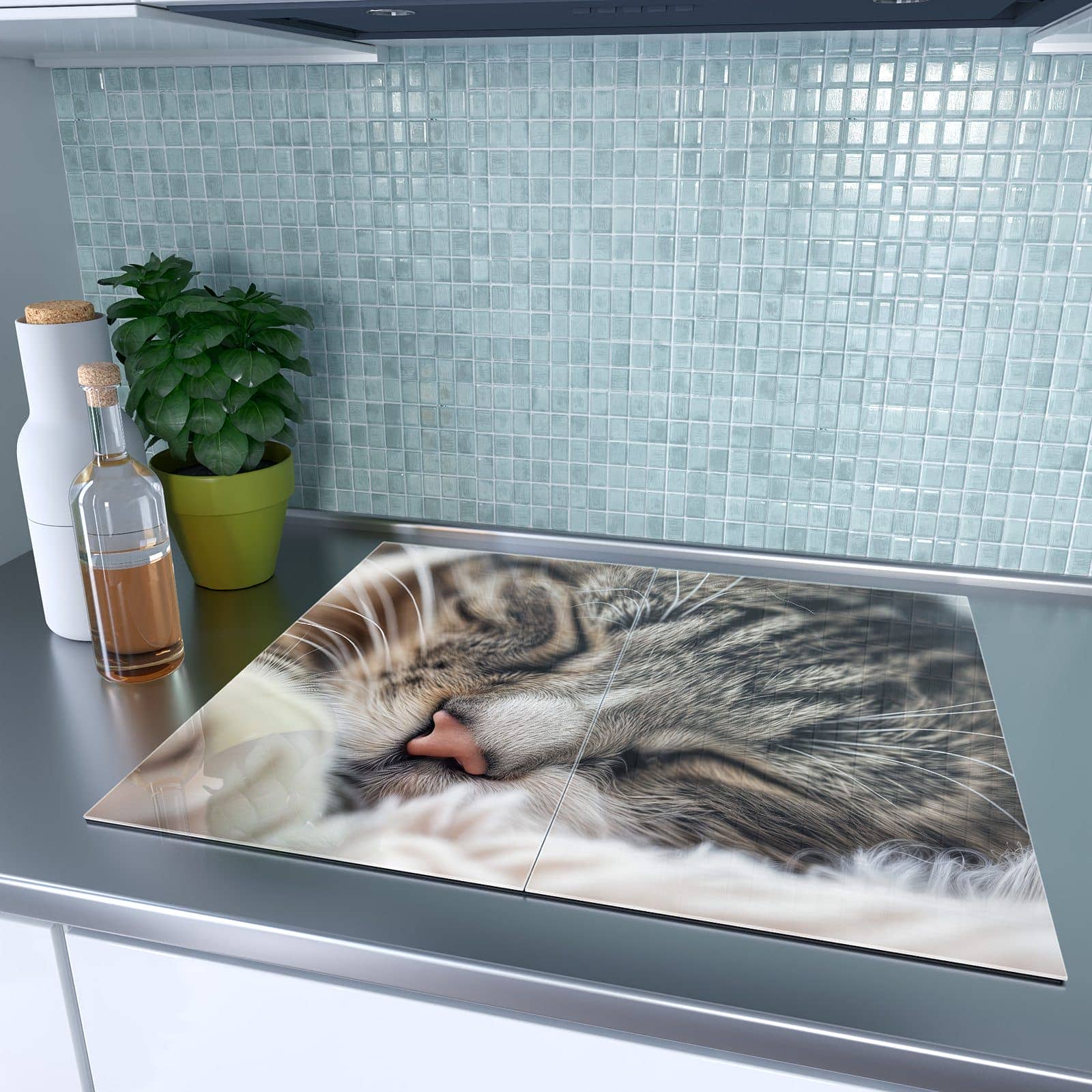 2-teilige Glasabdeckplatte für Ceranfeld mit Schlafende Katze-Motiv auf dem Ceranfeld