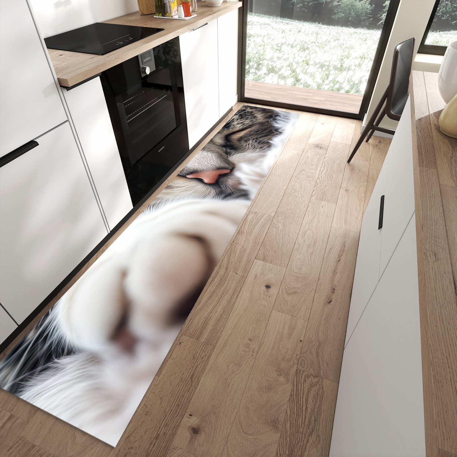 Komfortabler Küchenteppich mit Motiv Schlafende Katze in moderner Küche