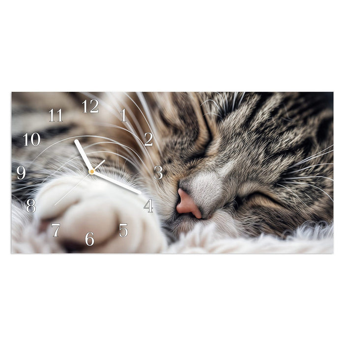 Wanduhr Schlafende Katze aus Glas – Querformat 60 × 30 cm mit Ziffernblatt Klassisch