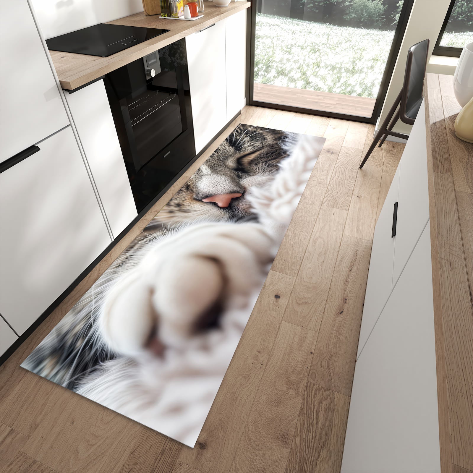Küchenteppich mit Motiv Schlafende Katze für angenehme Haptik in moderner Küche
