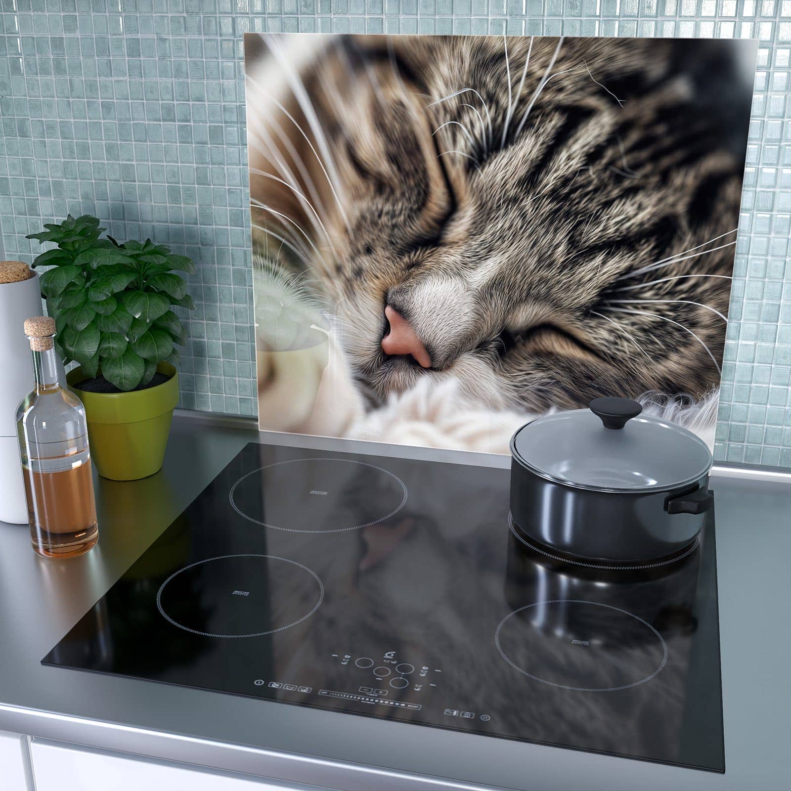 1-teilige Glasplatte für Herd mit Schlafende Katze-Motiv als Spritzschutz hinter dem Kochfeld