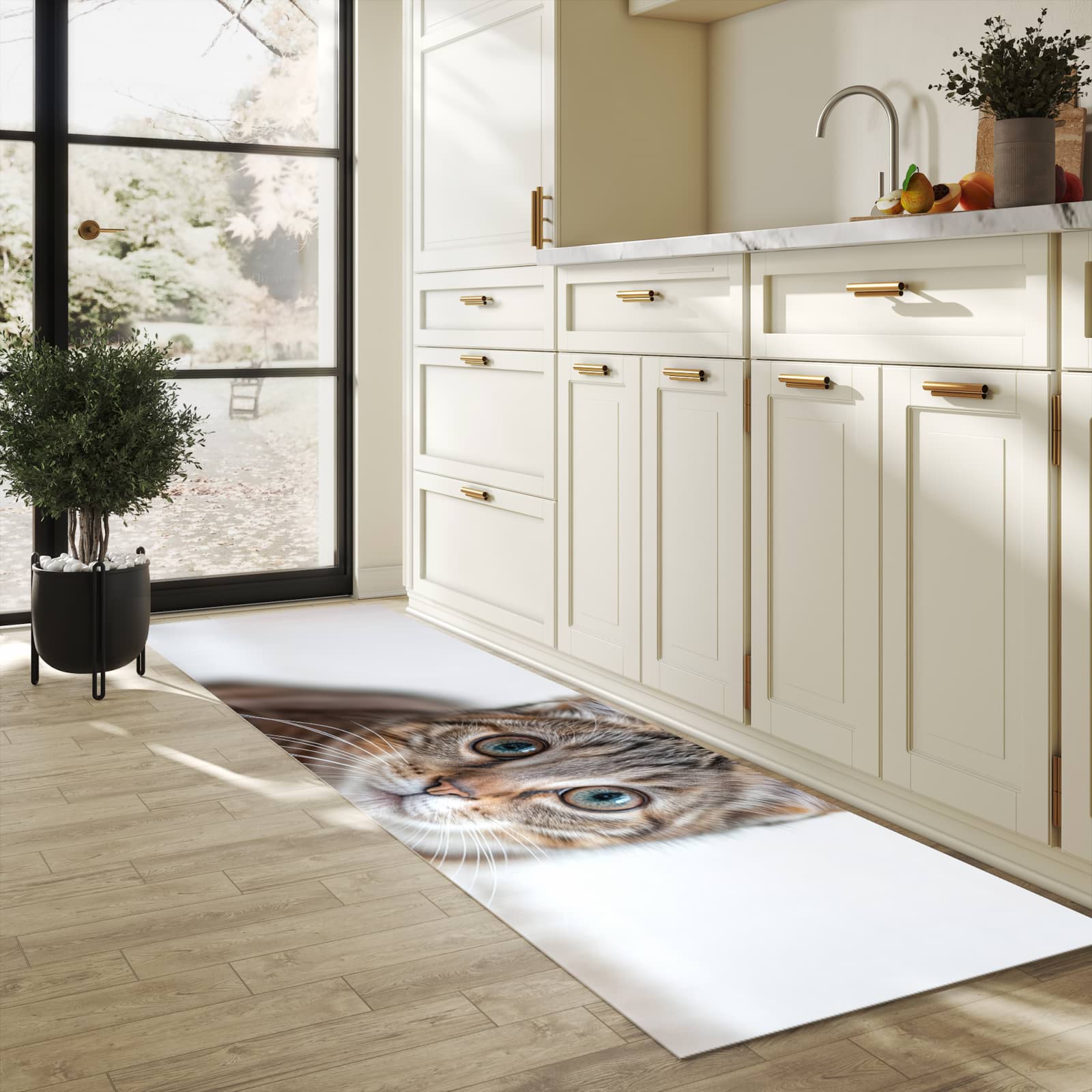 Waschbarer Küchenteppich mit Motiv Süße Kleine Katze für Ordnung in heller Küche