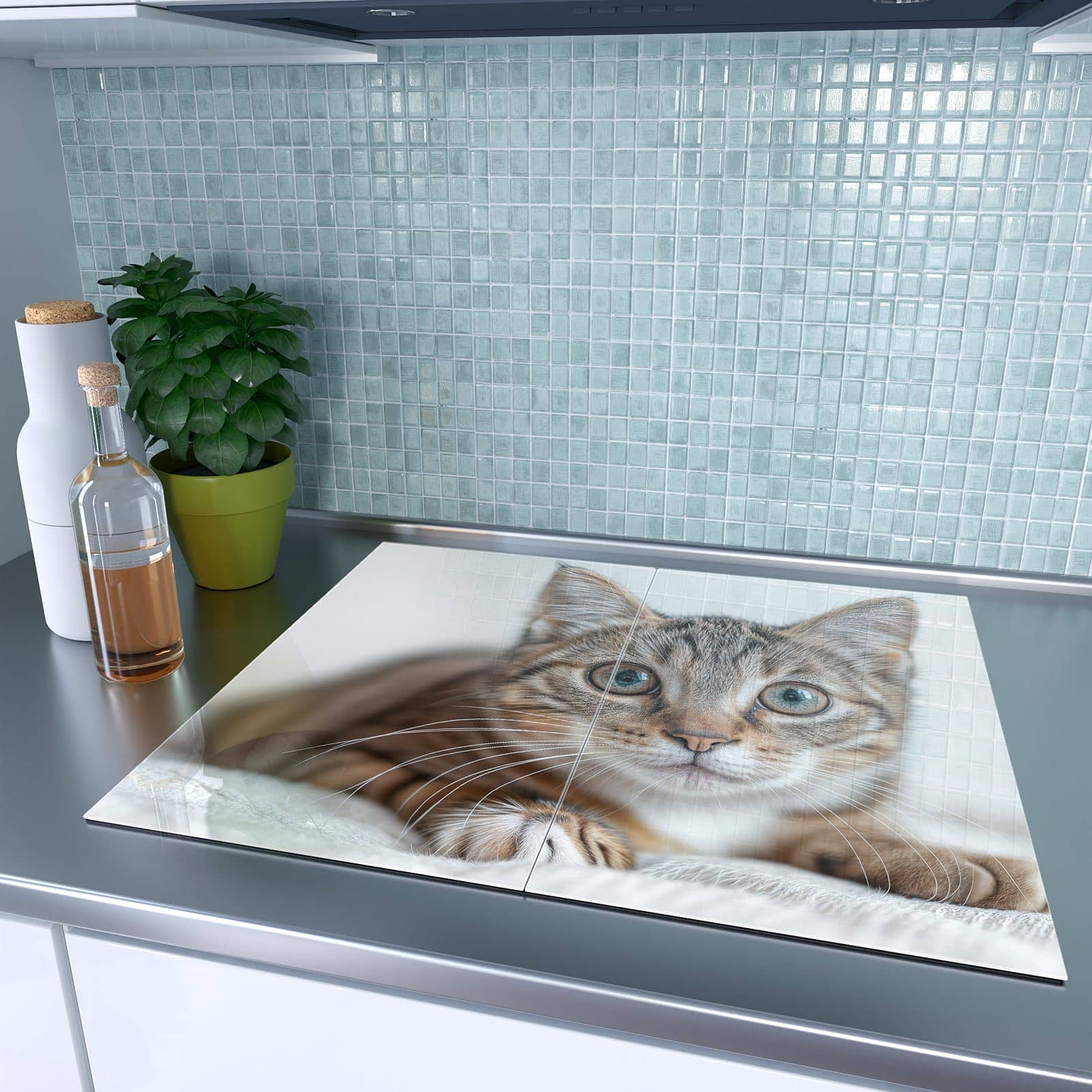 2-teilige Herdabdeckplatte aus Glas mit Süße Kleine Katze-Motiv auf dem Ceranfeld
