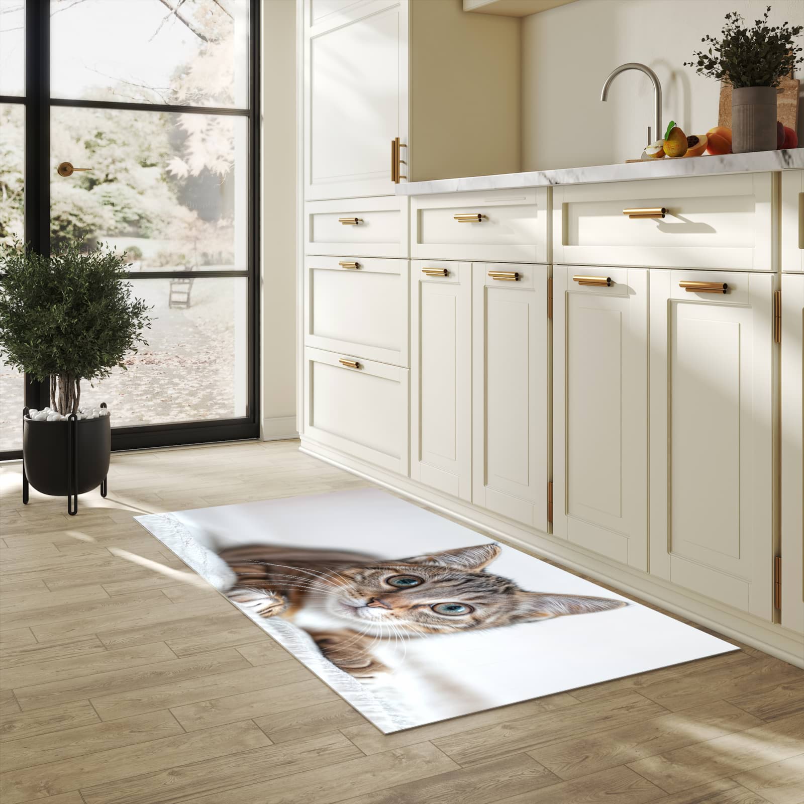 Bodenschonender großer Küchenteppich mit Motiv Süße Kleine Katze in heller Küche