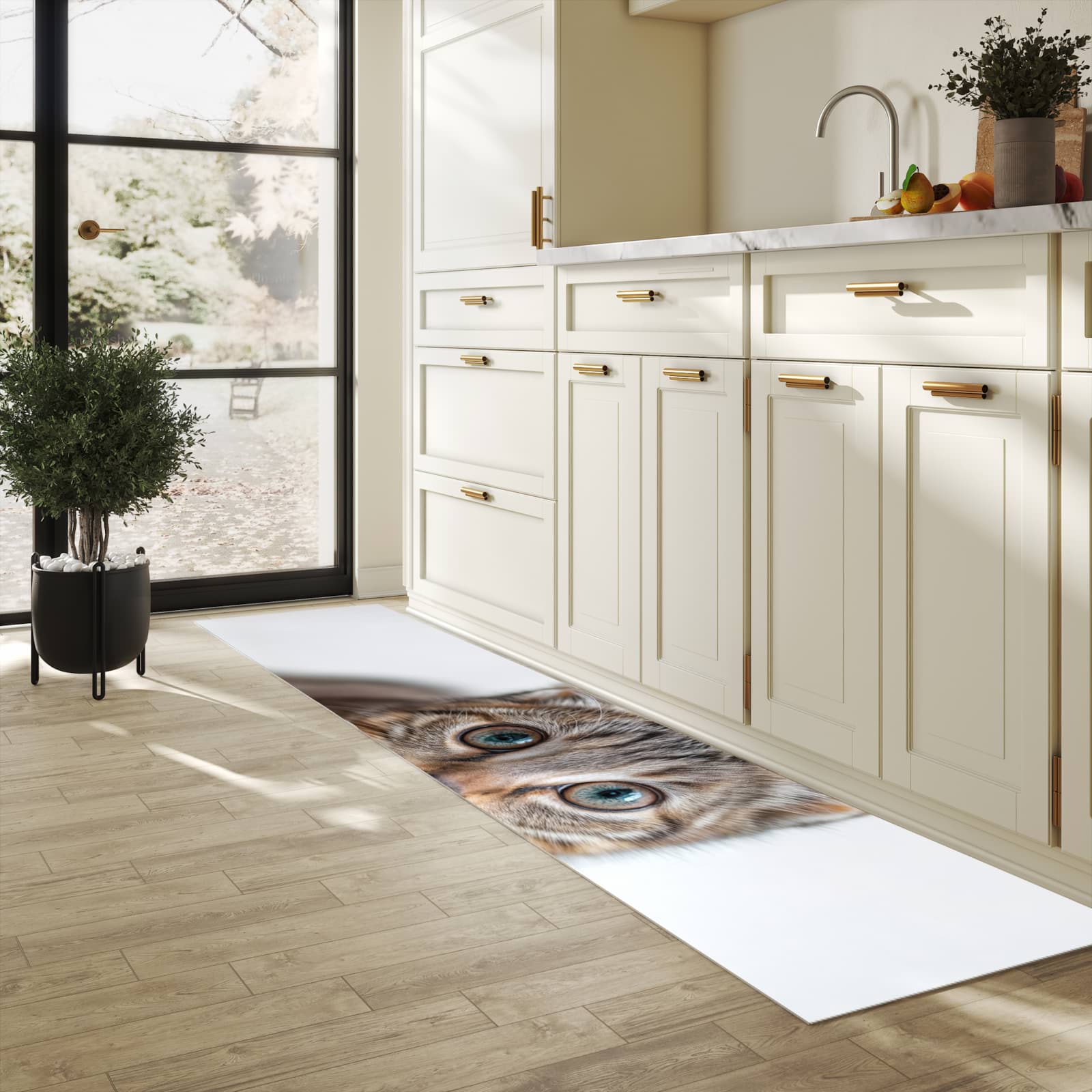 Waschbarer Küchenteppich mit Motiv Süße Kleine Katze in heller Küche