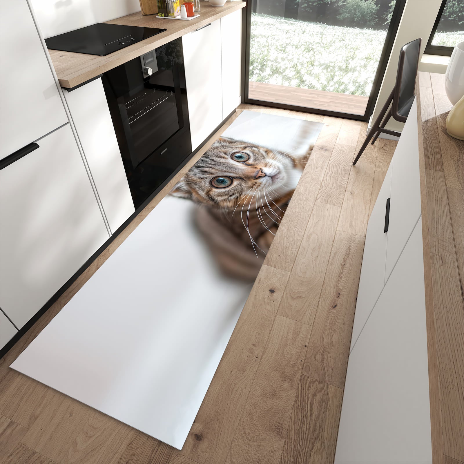 UV-beständiger Küchenläufer mit Motiv Süße Kleine Katze in moderner Küche