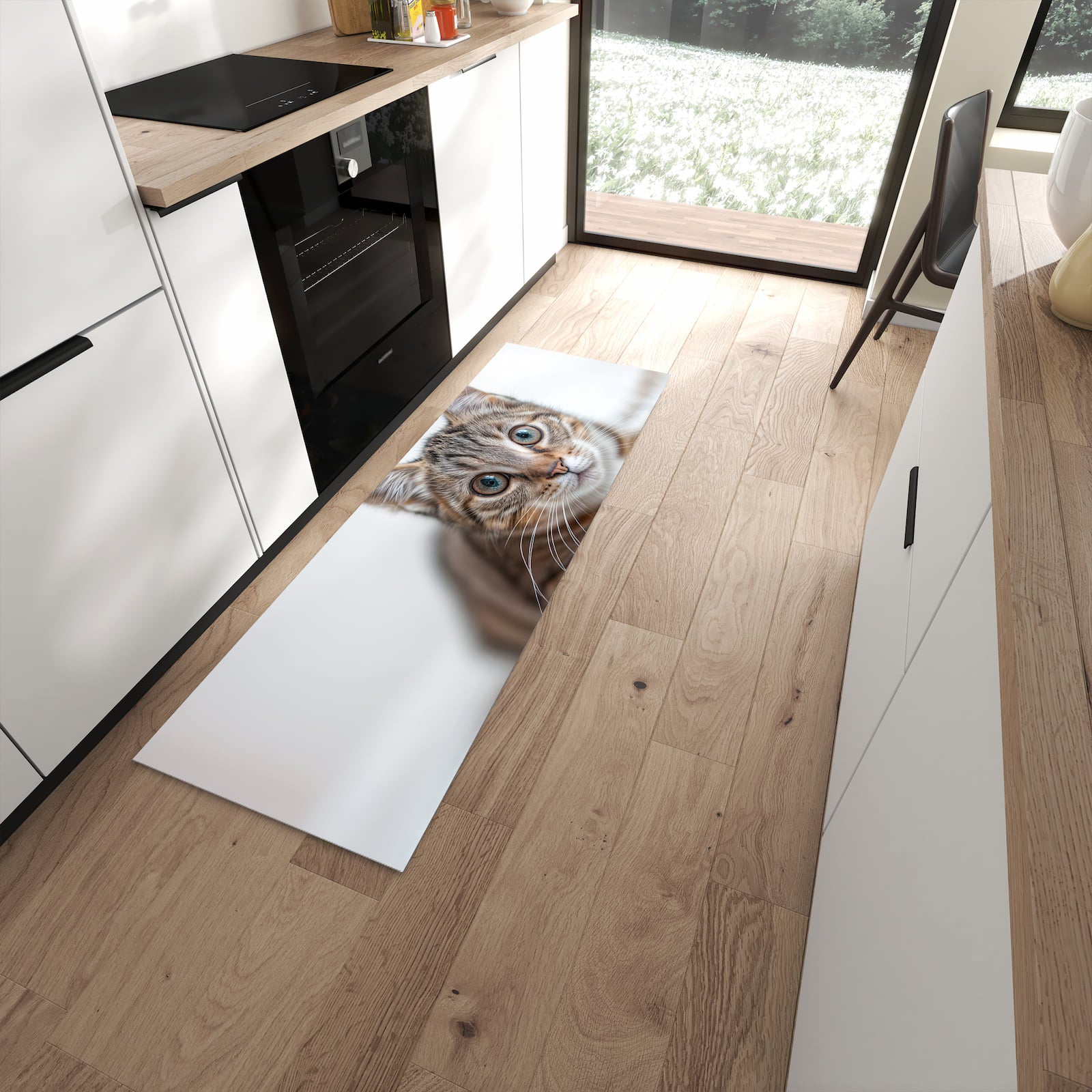 Bodenschonender Küchenläufer mit Motiv Süße Kleine Katze in moderner Küche