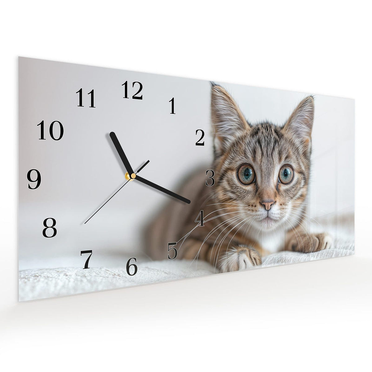 Vormontiert – mit Schwebeeffekt – Wanduhr Süße Kleine Katze aus Glas – Querformat 60 × 30 cm