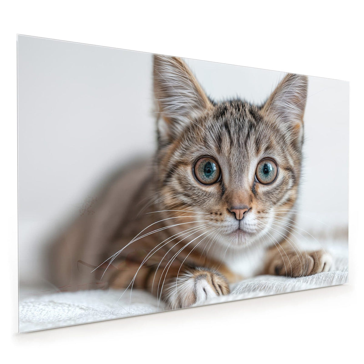 Küchenrückwand aus Glas im Hochformat mit Motiv Kätzchen auf Decke: Getigertes Kätzchen liegt auf weißer Kuscheldecke, große blaugrüne Augen