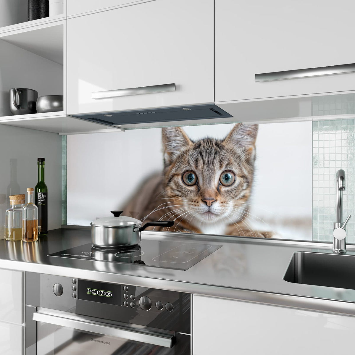 Küchenrückwand aus Glas Kätzchen auf Decke im Hochformat als Spritzschutz hinter dem Kochfeld, über dem Fliesenspiegel montiert