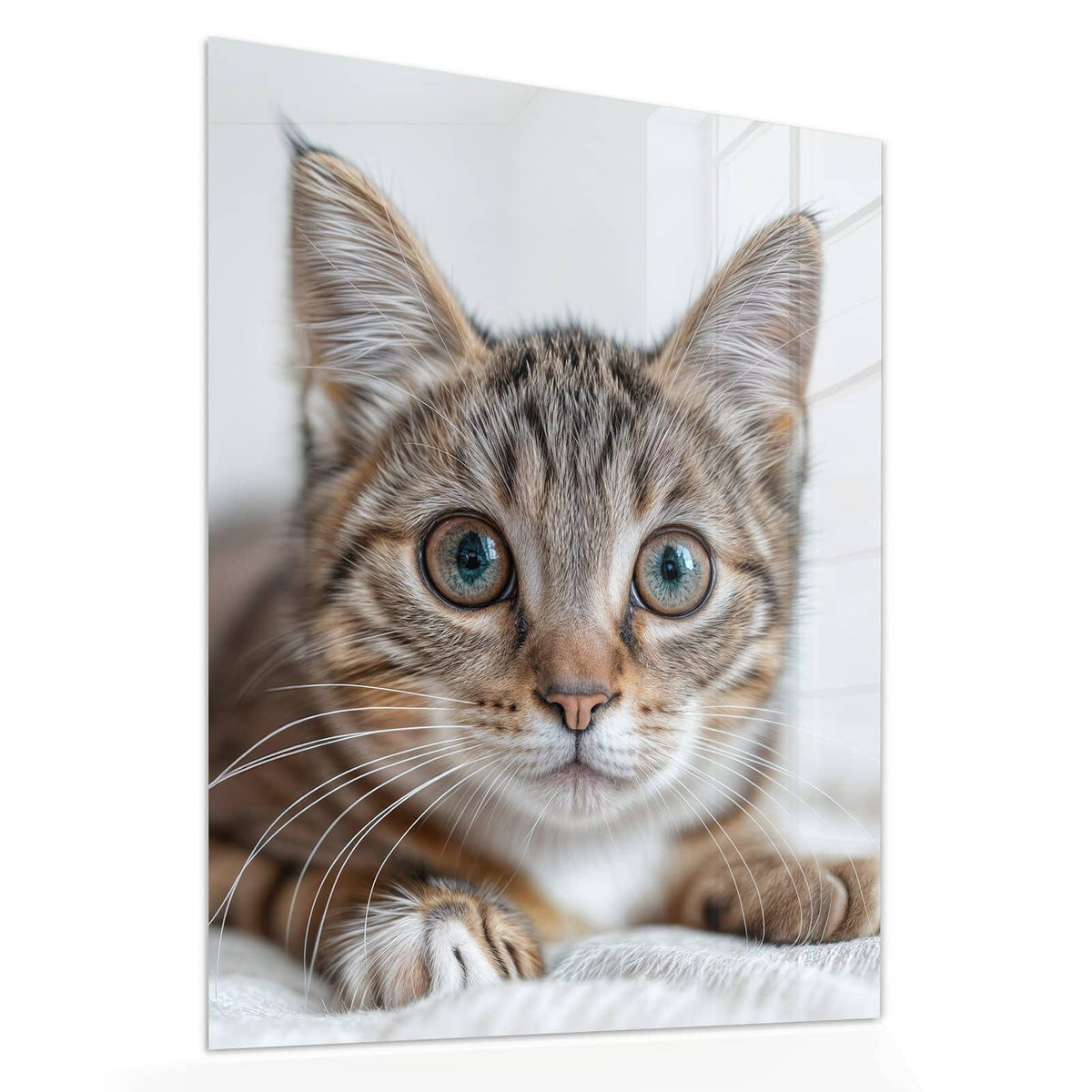 Echtglas, 4 mm – kein Acryl, keine Folie – Wandbild - Kätzchen auf Decke - Hochformat