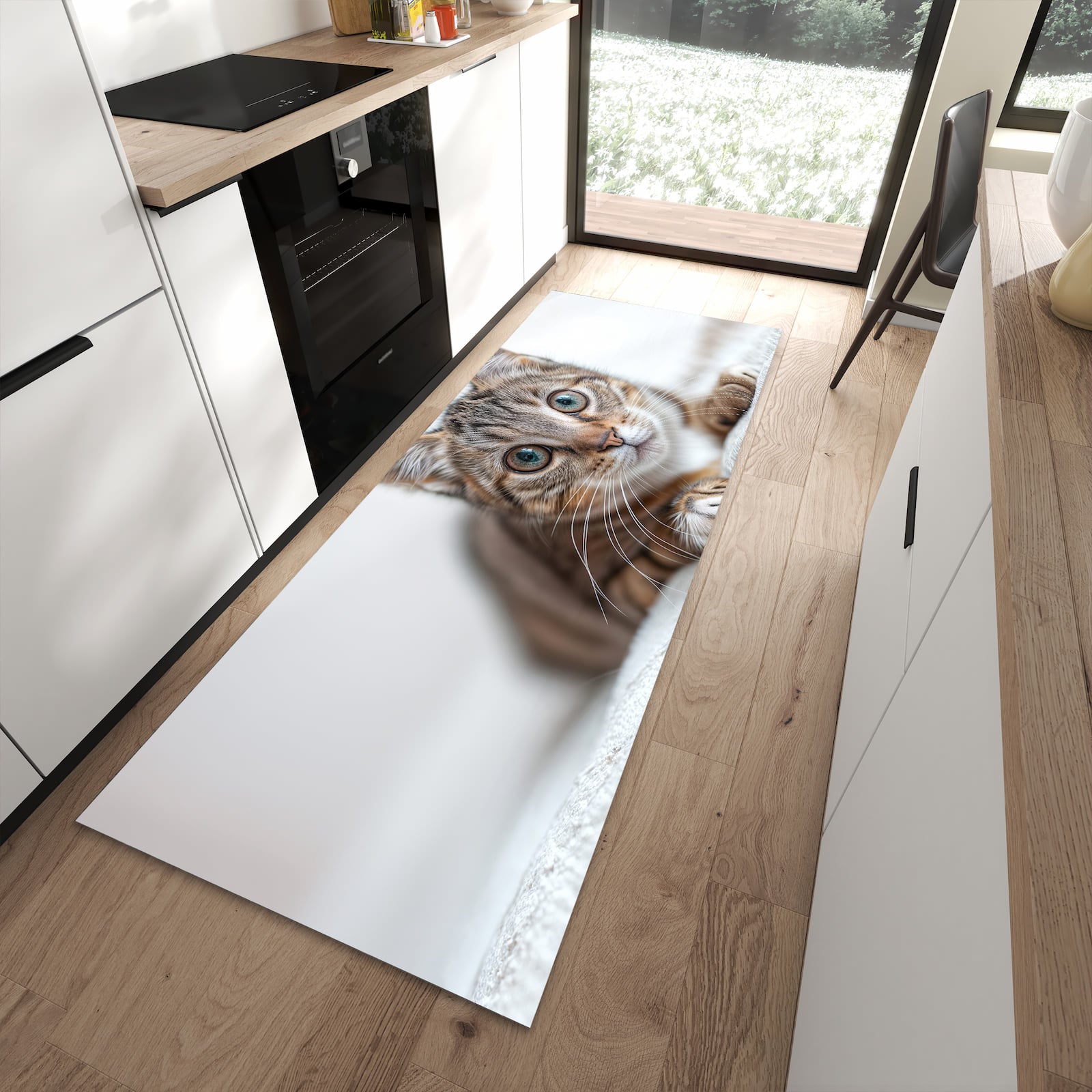 Fleckenresistenter moderner Küchenläufer mit Motiv Süße Kleine Katze in moderner Küche
