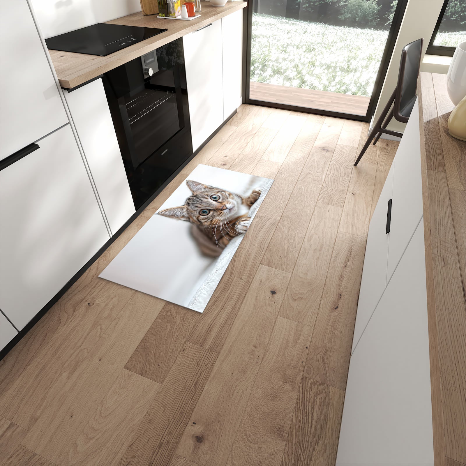 Bodenschonender Küchenteppich mit Motiv Süße Kleine Katze in moderner Küche #grösse_60 x 120 cm