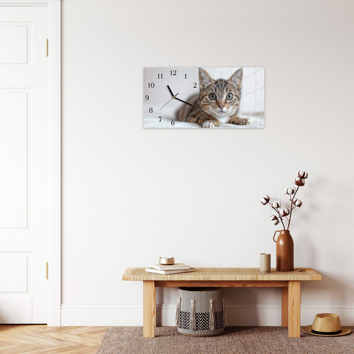 Moderne Wanduhr aus Glas mit Farbtiefe – Wanduhr Süße Kleine Katze aus Glas – Querformat 60 × 30 cm