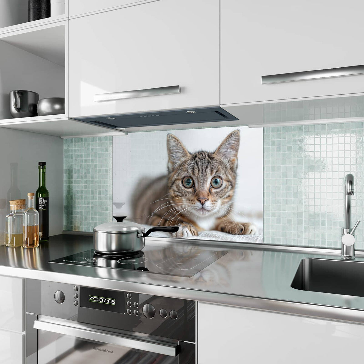 Küchenrückwand aus Glas Kätzchen auf Decke im Hochformat als Spritzschutz hinter dem Kochfeld, über dem Fliesenspiegel montiert