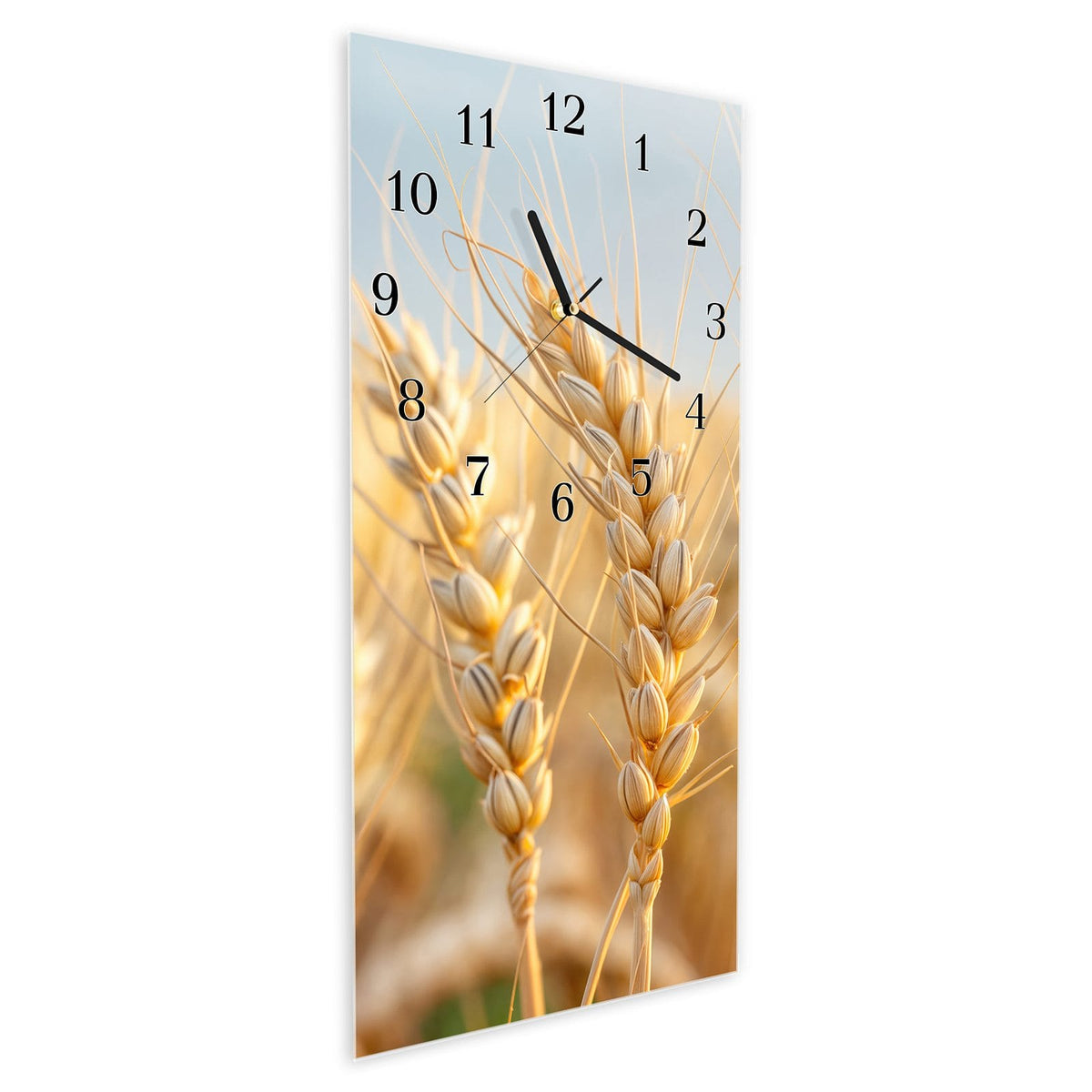 Vormontiert – mit Schwebeeffekt – Wanduhr Weizenfeld aus Glas – Hochformat 30 × 60 cm