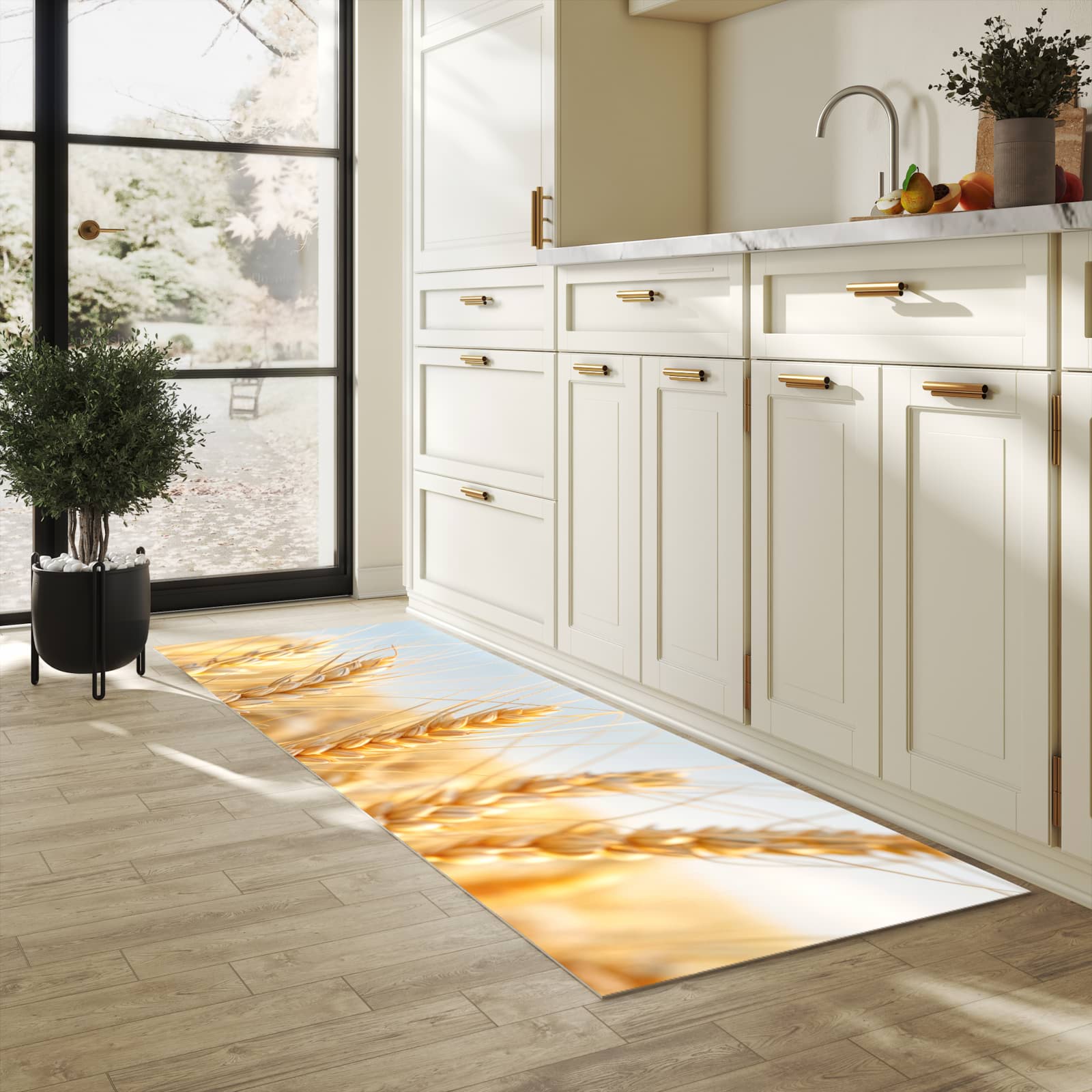 Geruchsneutraler rutschfester Läufer mit Motiv Weizenfeld in heller Küche
