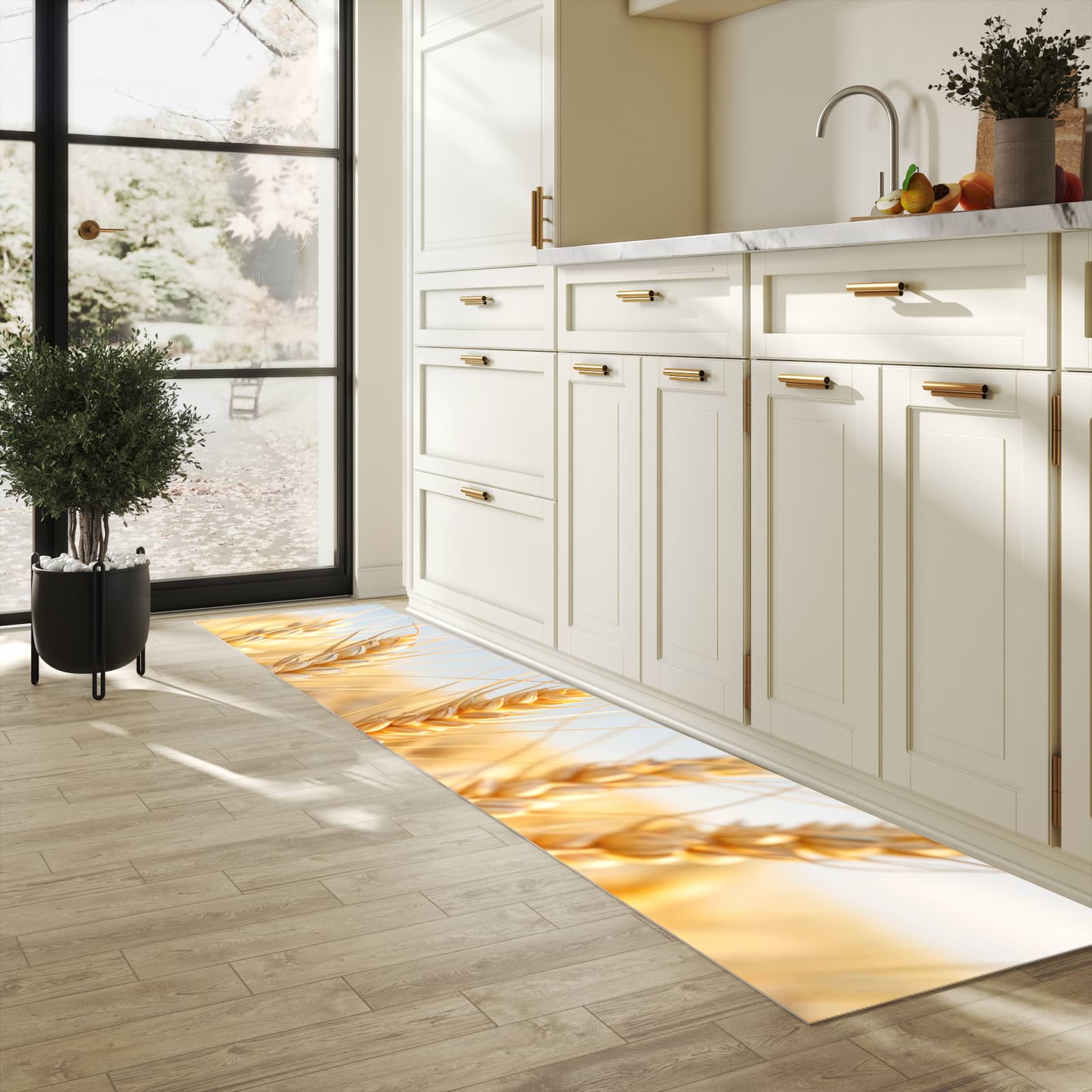 Wasserabweisender Küchenläufer mit Motiv Weizenfeld in heller Küche