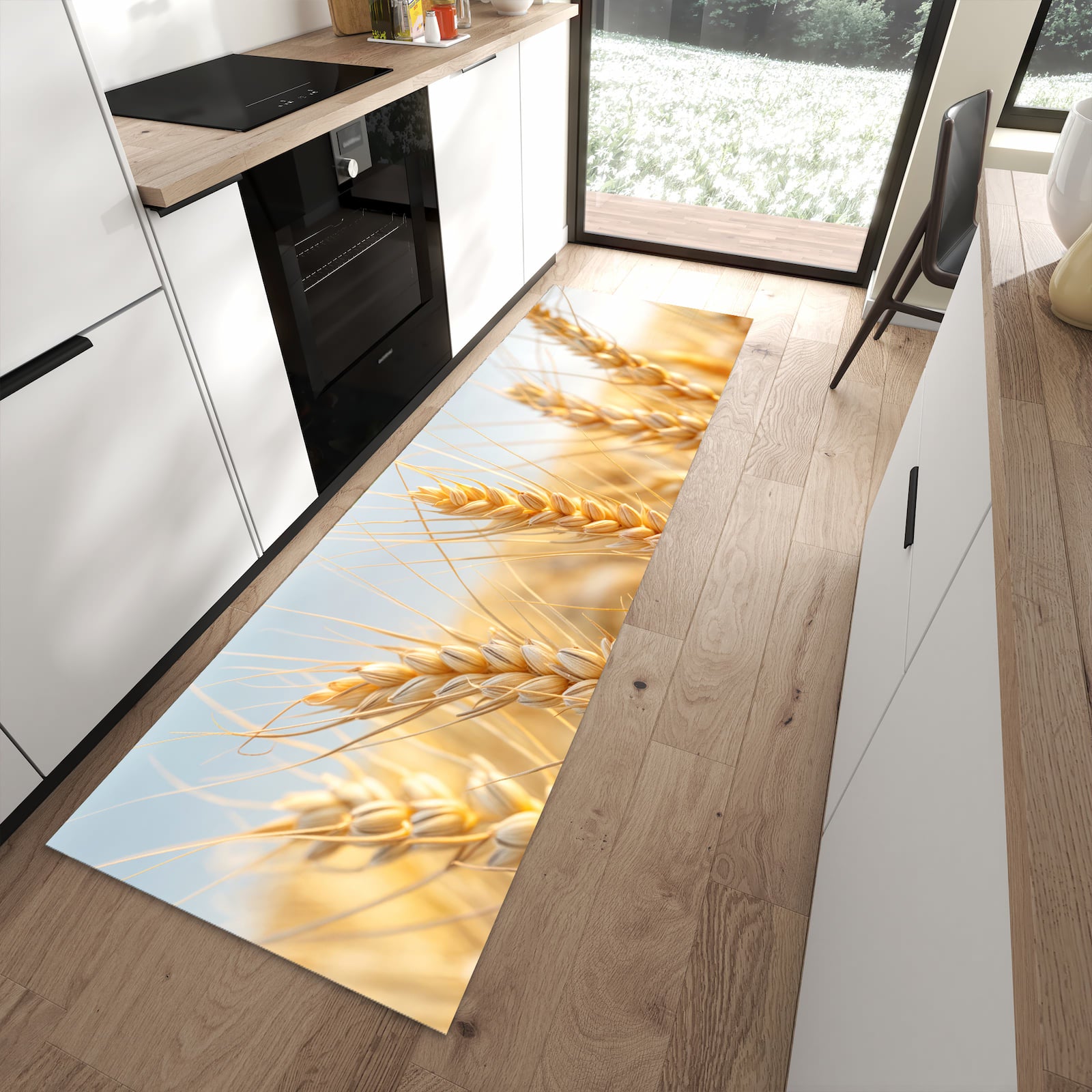 Strapazierfähiger Küchenteppich mit Motiv Weizenfeld in moderner Küche
