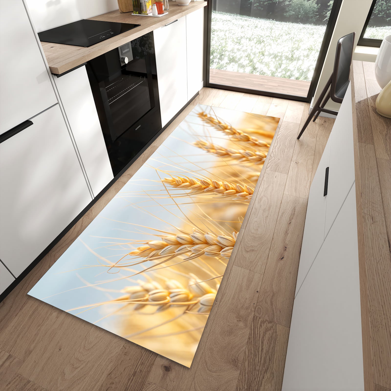 Feuchtigkeitsresistenter Küchenteppich mit Motiv Weizenfeld in moderner Küche