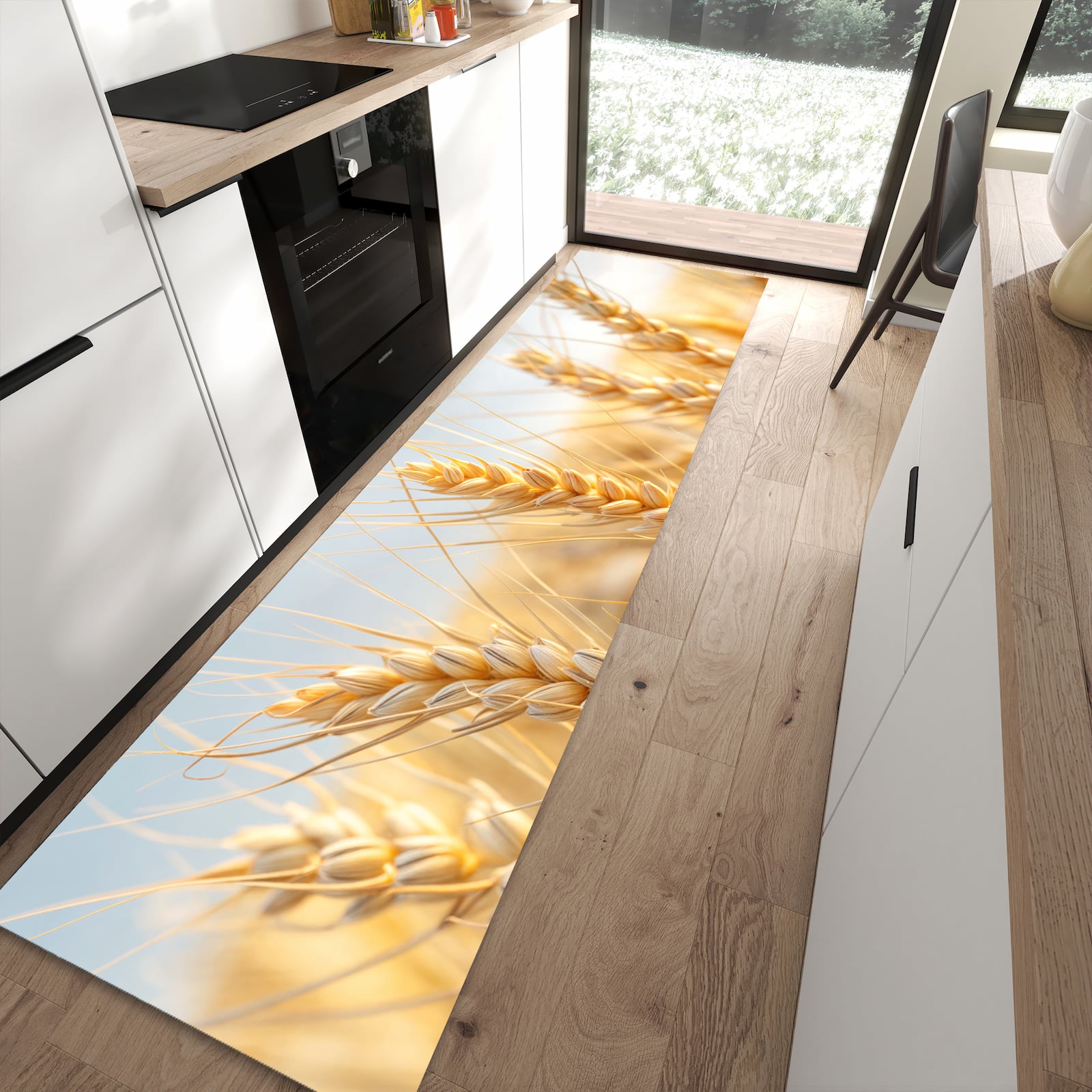 Langlebiger waschbarer Küchenteppich mit Motiv Weizenfeld in moderner Küche